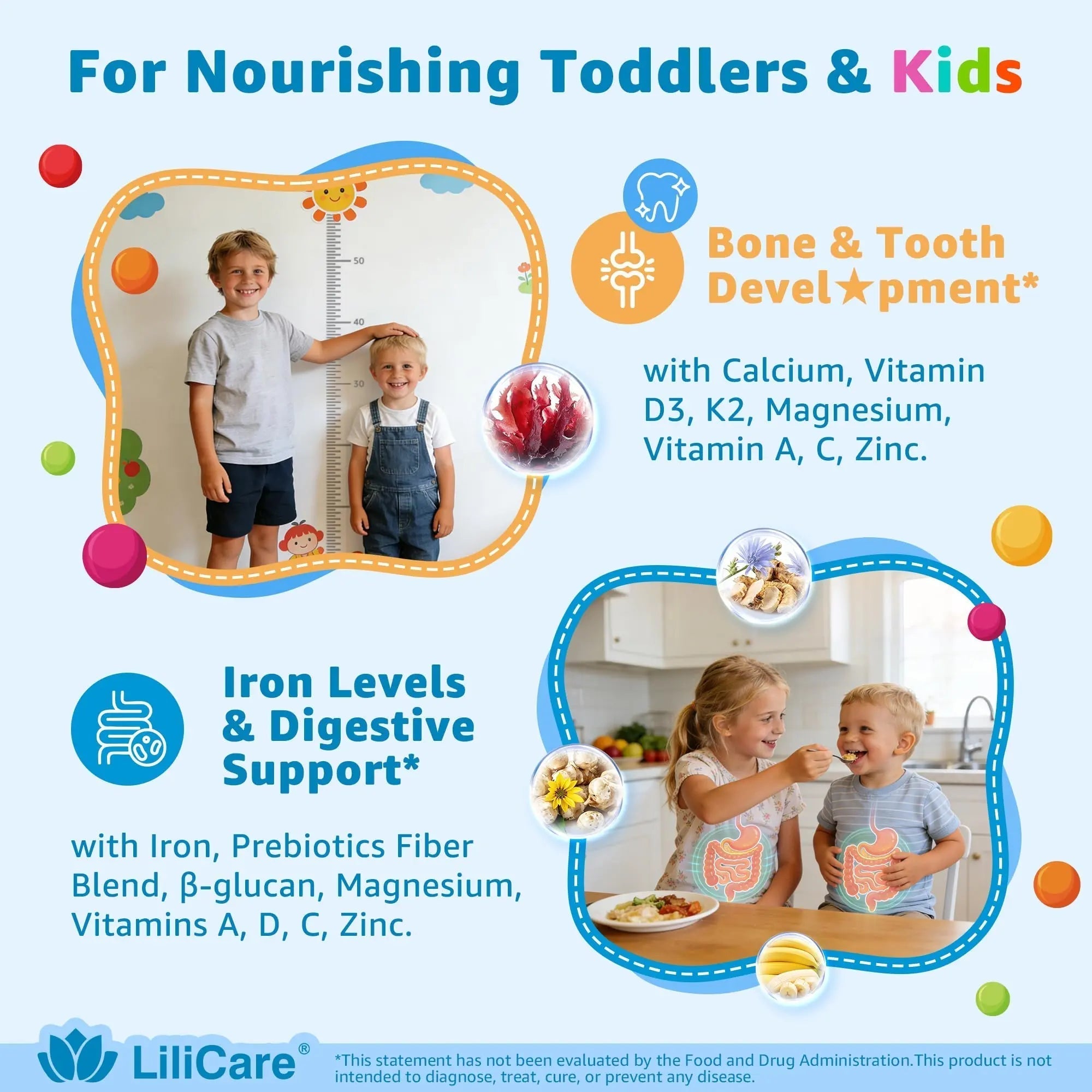 Toddler Multivitamin Gummies with Iron, Omega-3, ARA, Calcium, Prebiotic | Methylated Vitamins for Kids Ages 2+ | Overall Support | LILICARE buy supplements canada