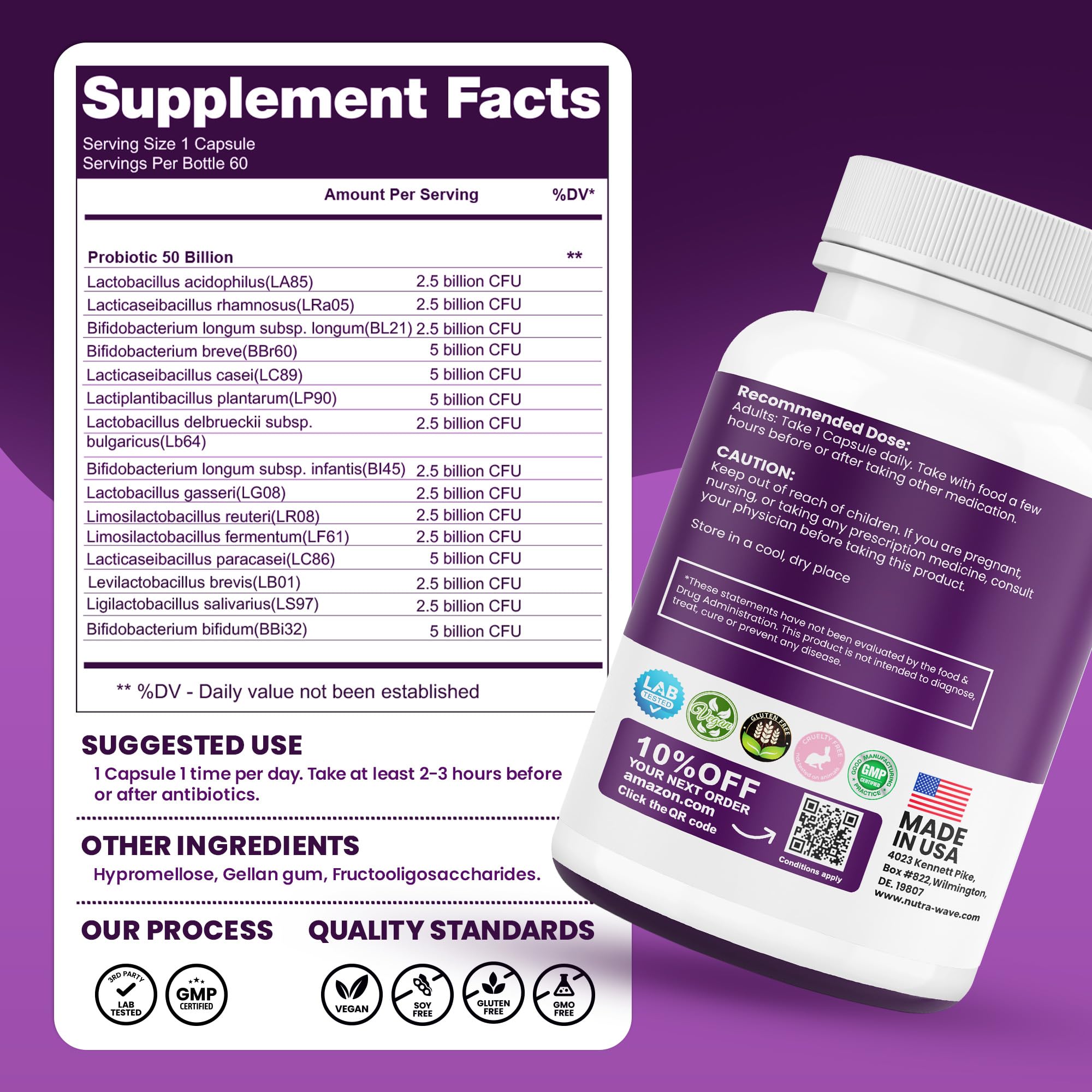Nutrawave 50 Billion Probiotics for Women & Men, 15 Strains Active Culture. Relieves Bloating & Constipation, Improved Digestion & Gut Health Supplement, Vegan. 60 Powerful Small Capsules. Nutra Wave buy supplements canada