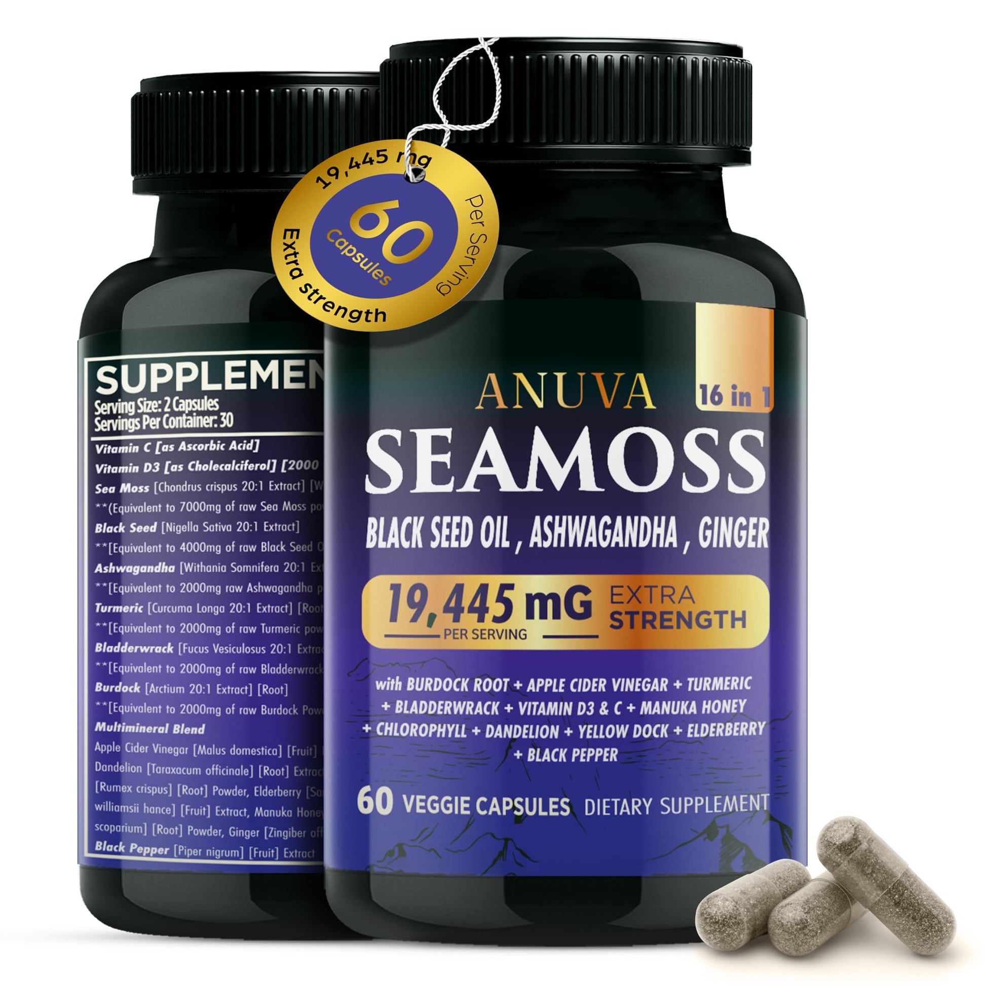 Anuva 16-in-1 Sea Moss Capsules | Black Seed Oil, Ashwagandha, with Vitamin C, D3, Turmeric, Burdock, Bladderwrack & Multi-Minerals | Immune, Skin, Joint & Energy Support | 60 Veggie Capsules Anuva buy supplements canada