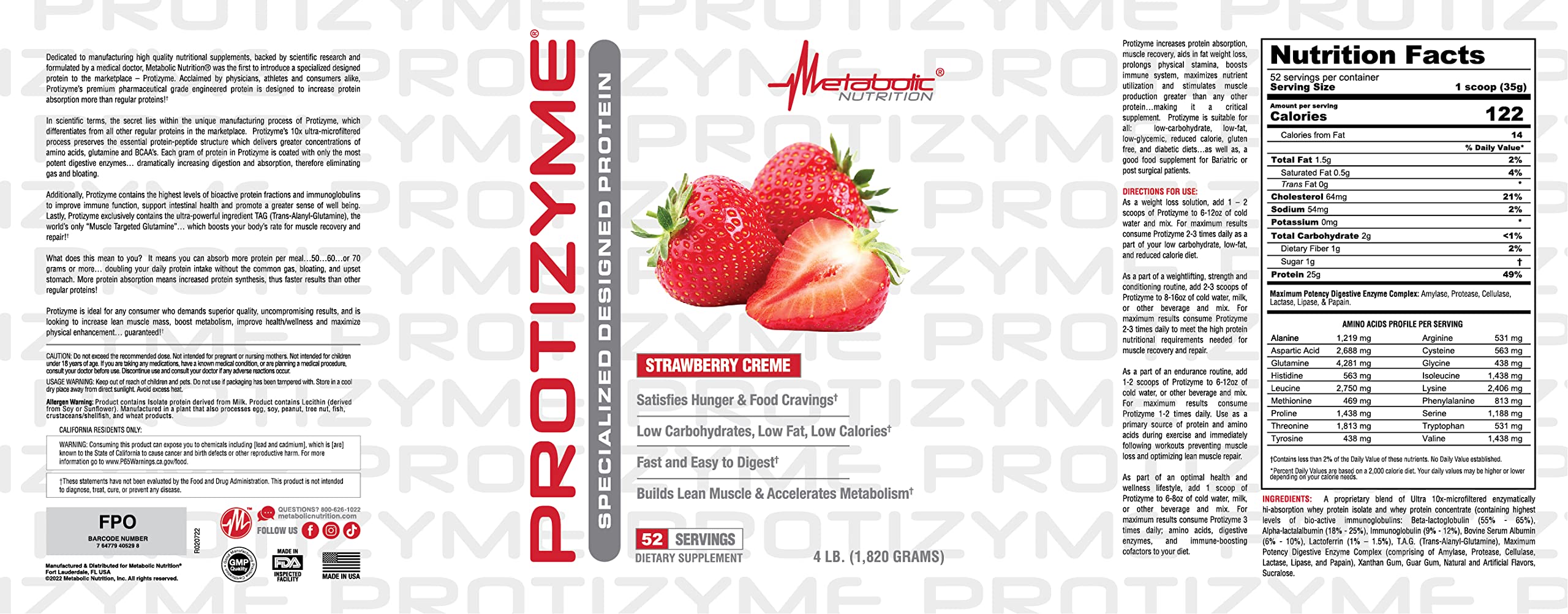 Metabolic Nutrition, Protizyme, 100% Whey Protein Powder, High Protein, Low Carb Metabolic Nutrition buy supplements canada