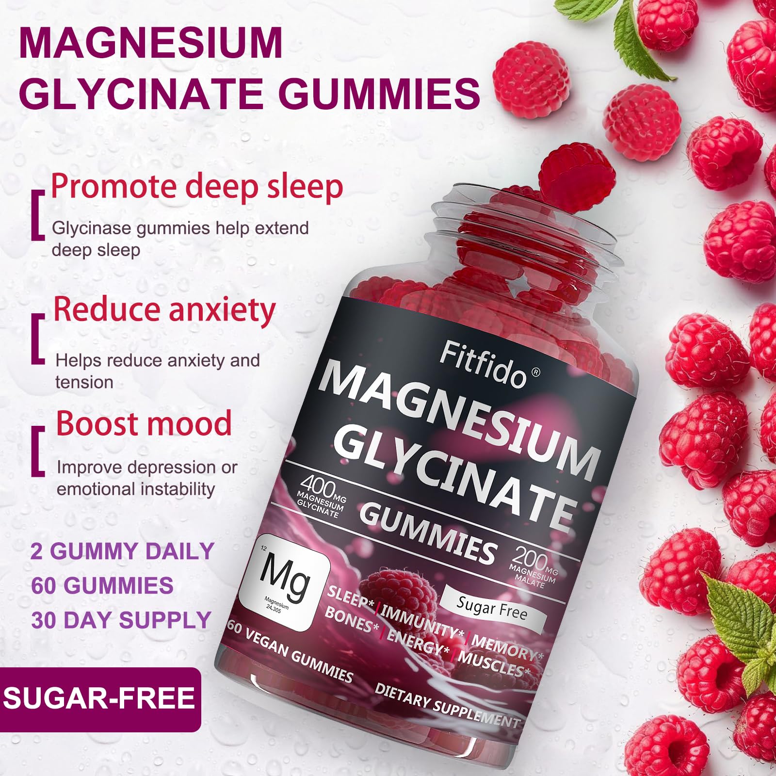 Magnesium Glycinate Gummies 400mg, Chewable Sugar Free Magnesium Supplement with Magnesium Glycinate, Magnesium Malate and Protein for Sleep, Relaxation, Brain & Muscle - Vegan (60 Count, Raspberry) Fitfido buy supplements canada