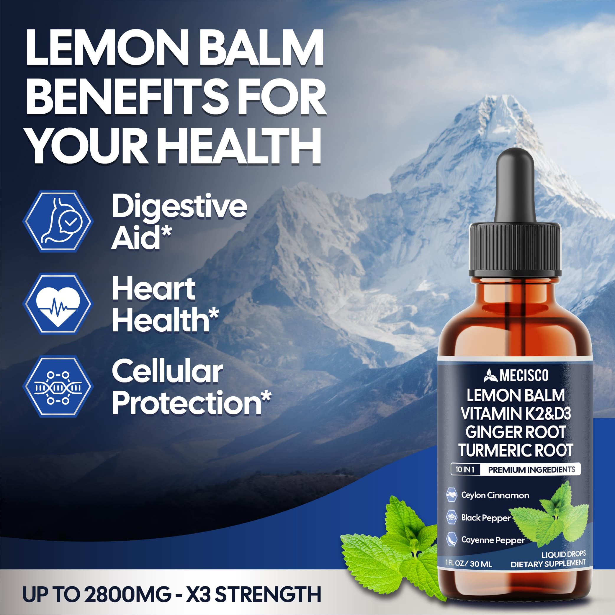 10in1 Lemon Balm Liquid Drops Blend Includes Vitamin D3, Vitamin K2, Lemon Balm, Ginger, Turmeric, Ceylon Cinnamon, Black Pepper, Cayenne Pepper, Berberine, Valerian Root - 1 FL Oz - 2 Month Supply Mecisco buy supplements canada