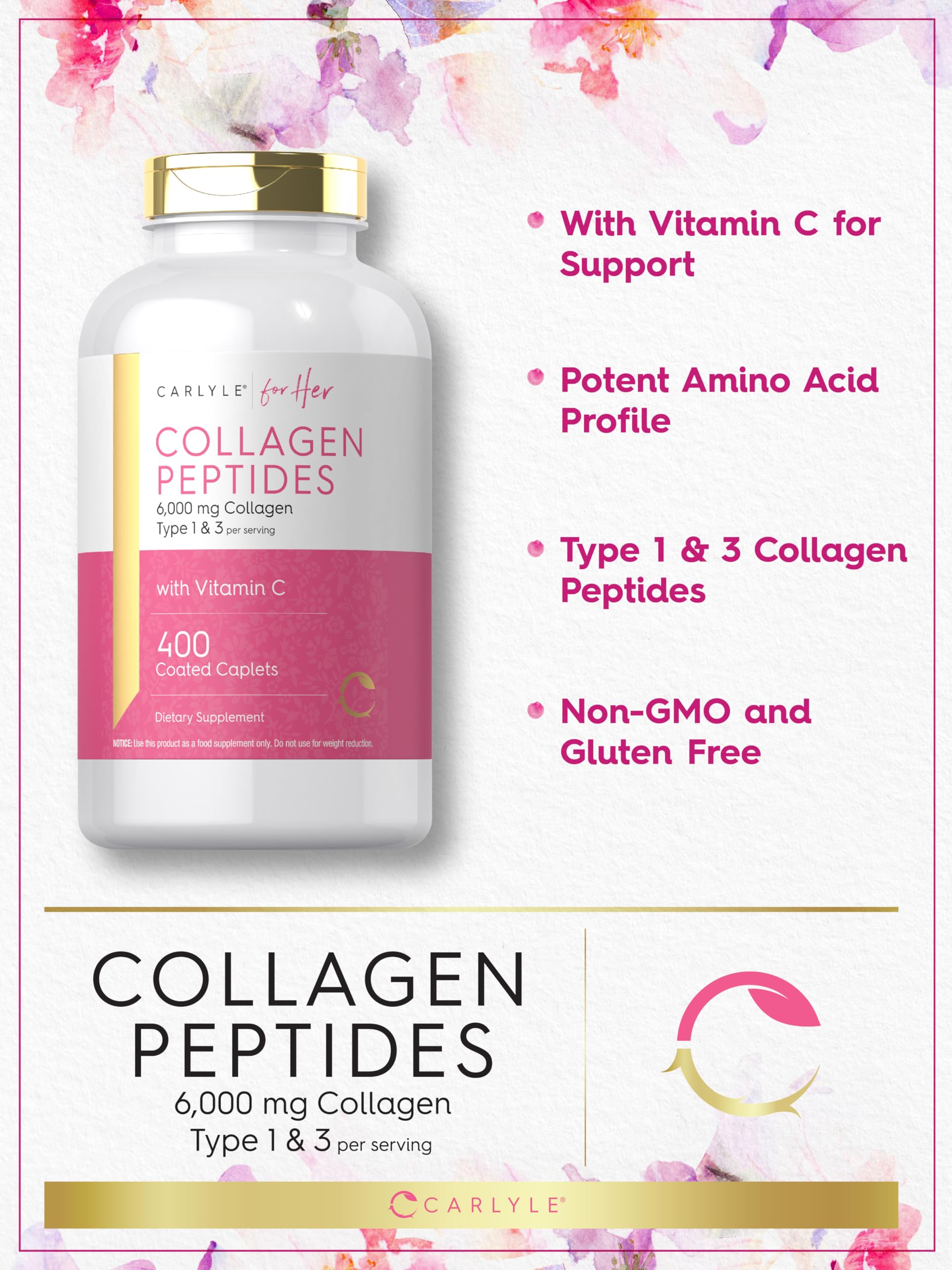 Carlyle Collagen Peptides 6000mg | 400 Caplets | with Vitamin C | Type 1 and 3 | Non-GMO, Gluten Free, Grass Fed Supplement Carlyle buy supplements canada