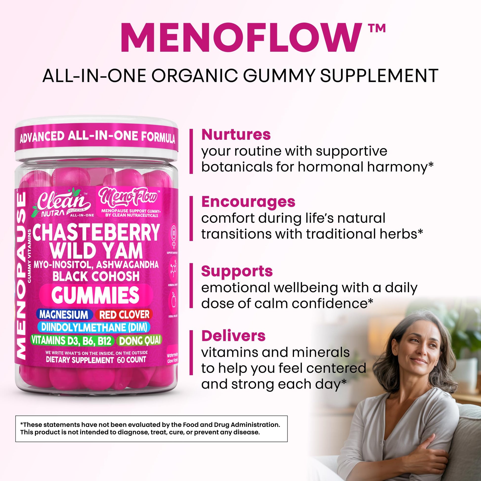 Clean Nutra Menopause Supplements for Women Chastberry Wild Yam Gummies Inositol Black Cohosh Magnesium Red Clover DIM Supplement B6 Magnesium Glycinate Glycine Vitex Hormone Balance Gummy Vitamins Clean Nutraceuticals buy supplements canada