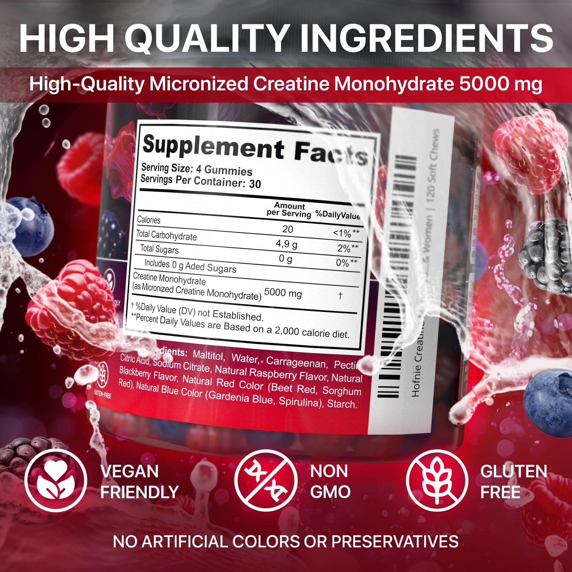 Hofnie Creatine Monohydrate Gummies 5000 mg – Vegan, Sugar-Free Pre Workout Creatine for Men & Women – Raspberry & BlackBerry Flavored Chewable Creatine Monohydrate, 120 Gummies (30-Day Supply) Hofnie buy supplements canada