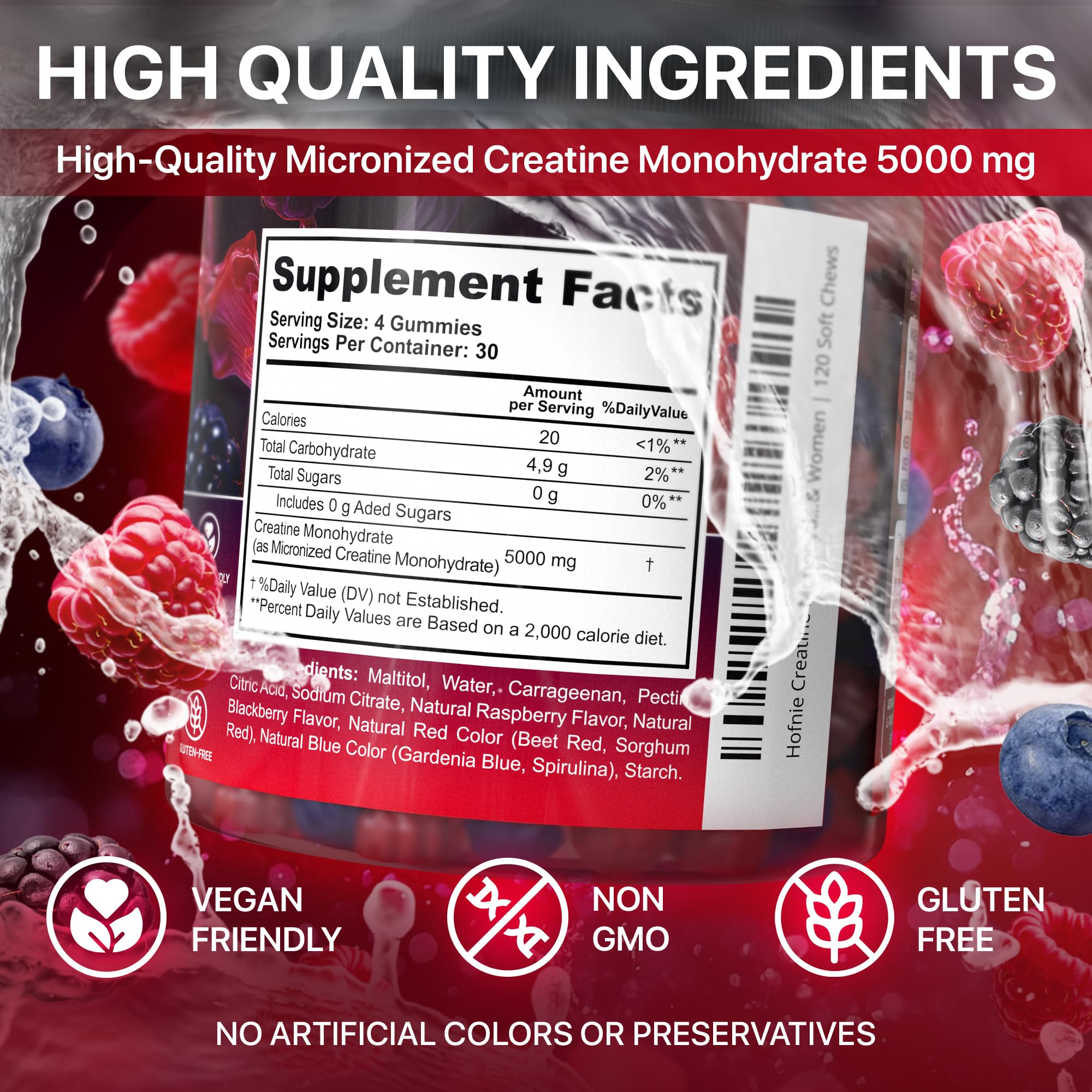 Hofnie Creatine Monohydrate Gummies 5000 mg – Vegan, Sugar-Free Pre Workout Creatine for Men & Women – Raspberry & BlackBerry Flavored Chewable Creatine Monohydrate, 120 Gummies (30-Day Supply) Hofnie buy supplements canada