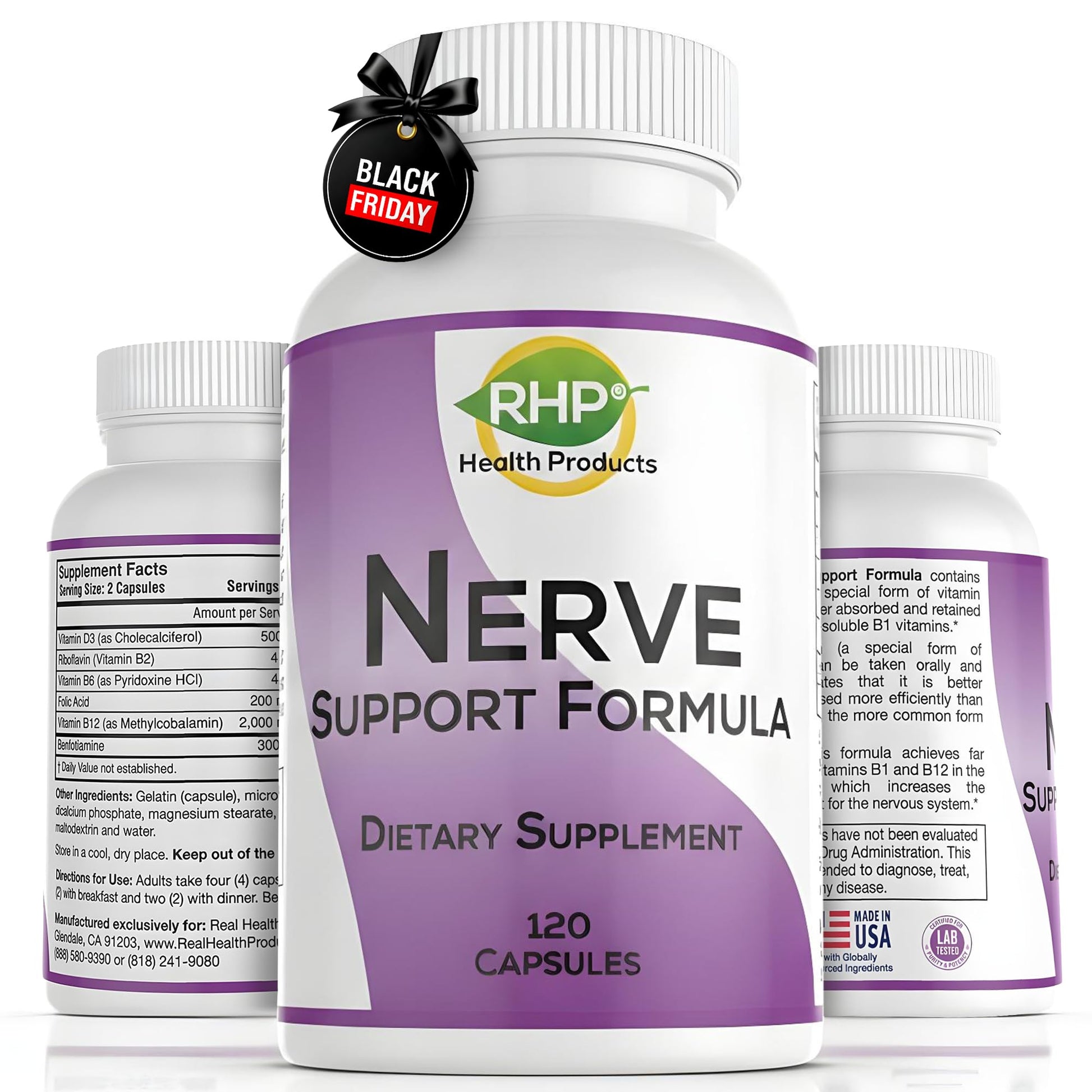 RHP Nerve Support Formula. Nutritional Support of Neuropathy, Nerve Relief from Aches, Nerve Pain & Discomfort. B-Complex with Benfotiamine and Methyl B12. 120 Capsules RHP buy supplements canada