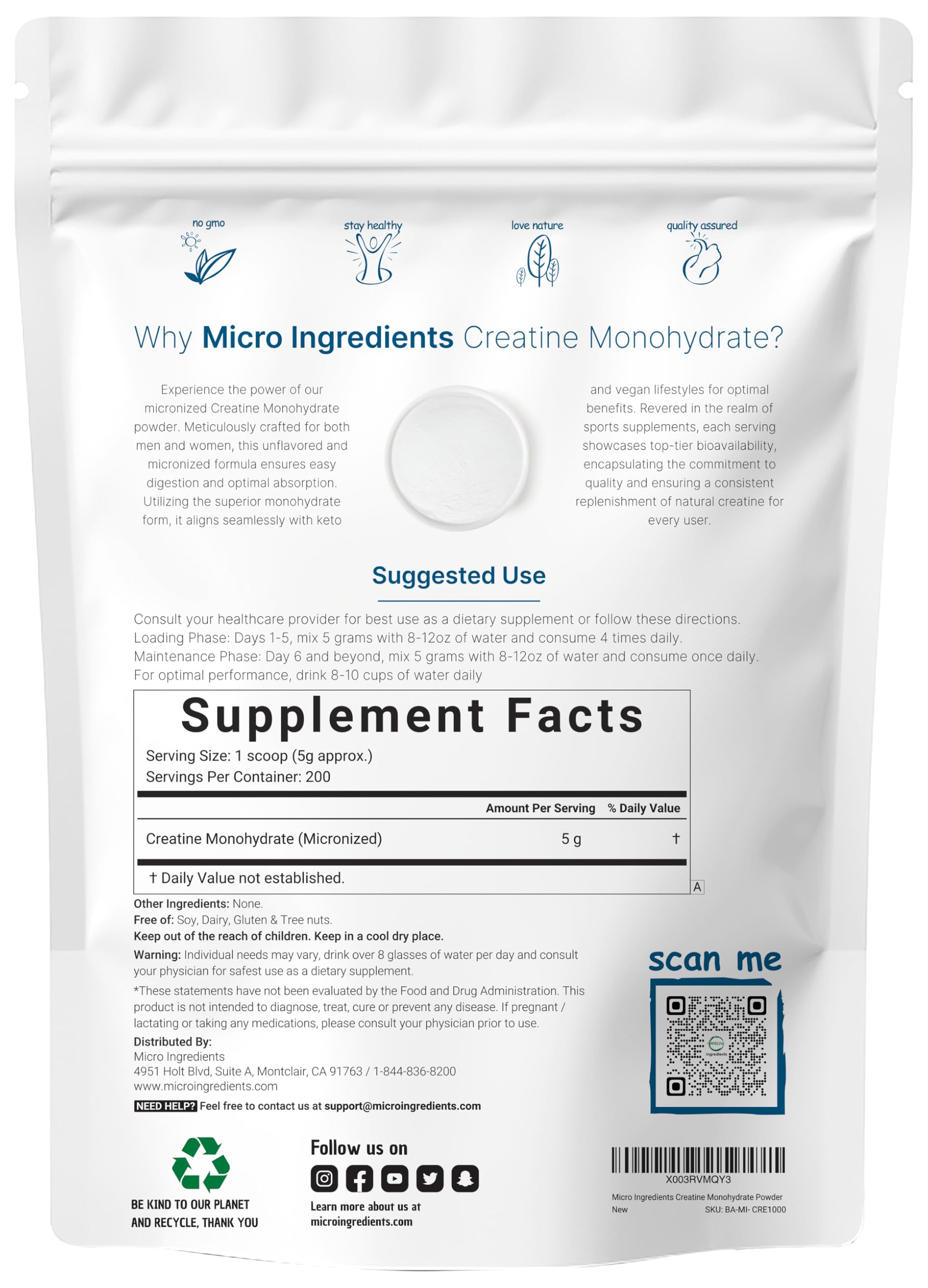 Creatine Monohydrate Powder 1 kg (2.2 Lbs), 5000mg Per Serv, Micronized Creatine Powder, Unflavored, Pure, No Filler, Keto & Vegan Friendly, Easy Dissolve Pre Workout Creatine for Women and Men Micro Ingredients buy supplements canada