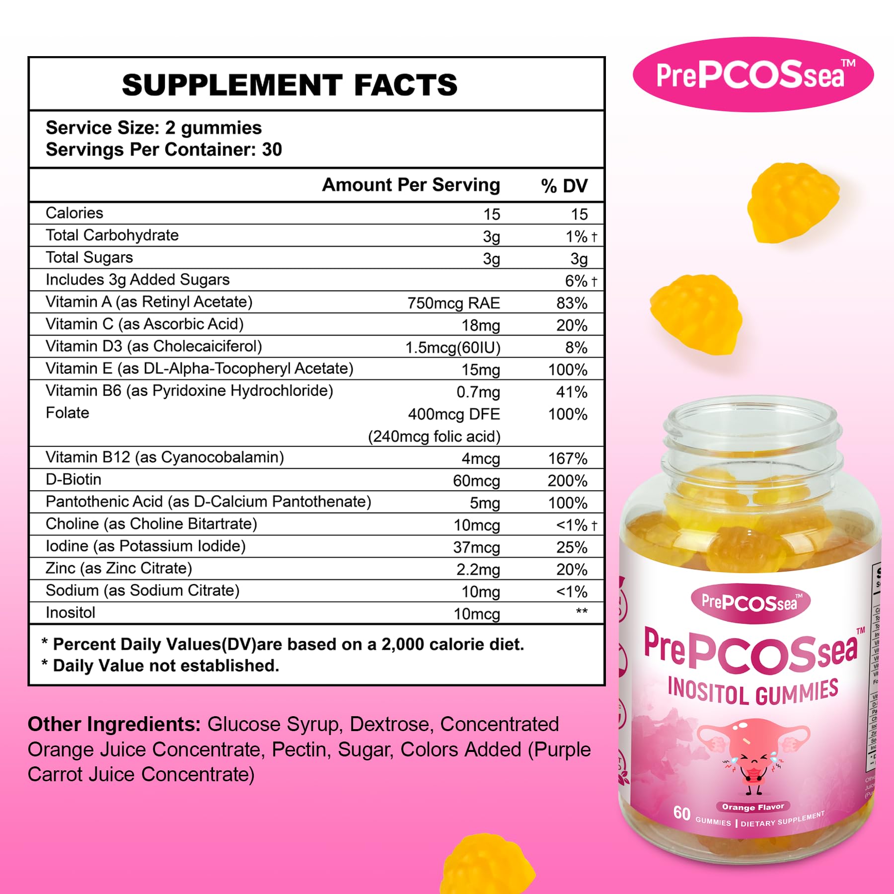 Feelherbs PrePCOSsea Inositol Gummies Vitamins, 2 Pack Orange Flavor Myo-Inositol Vitamin Gummies with Folate, B6, B12 & D-Biotin, 60 Count Soft Chews Feelherbs buy supplements canada