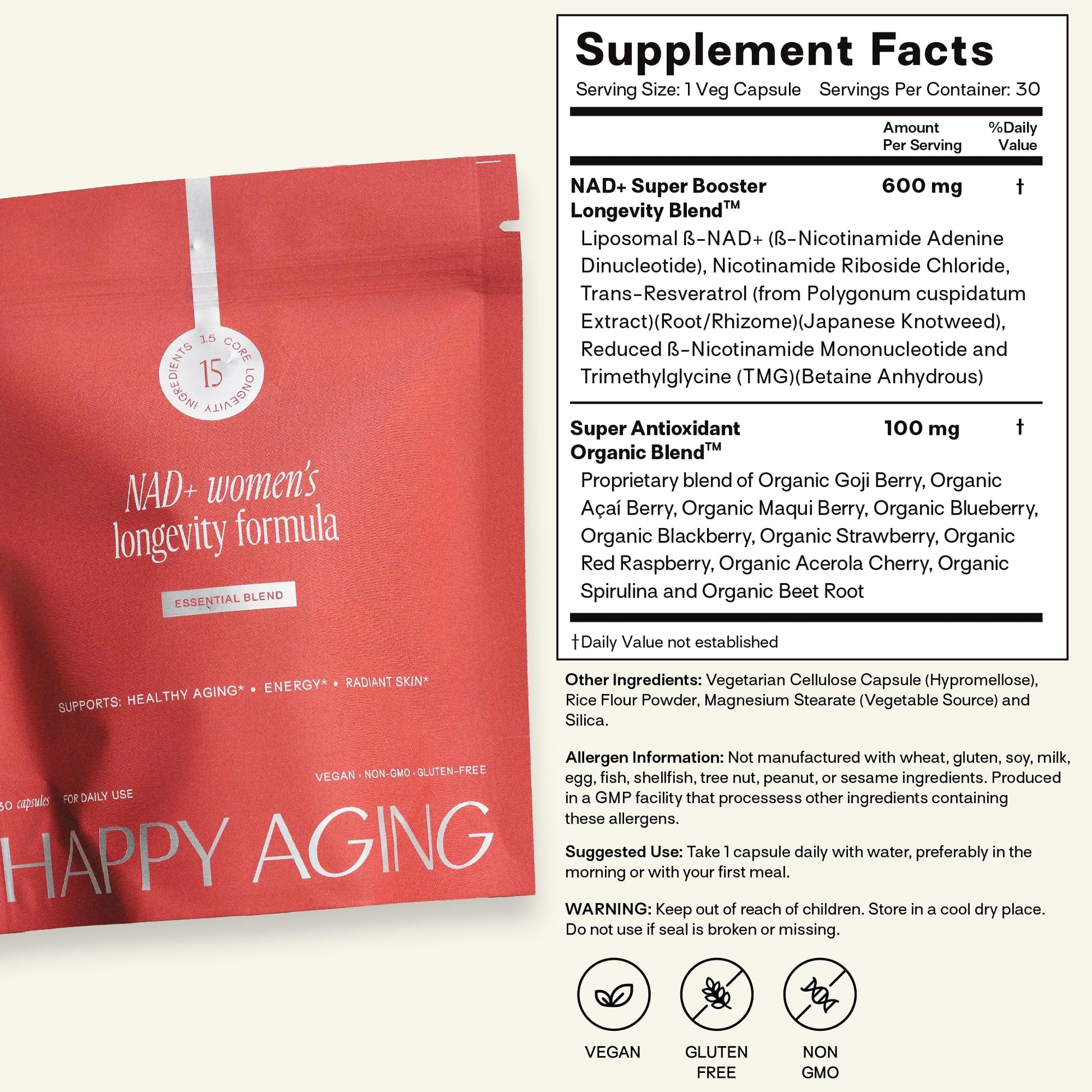 Happy Aging Essential Longevity Formula, NAD+ Super Booster with NR, NMNH & Liposomal β-NAD+, Organic Antioxidant Superfruit Blend for Cellular Energy, Skin Hydration & Daily Vitality, 30 Capsules Happy Aging buy supplements canada