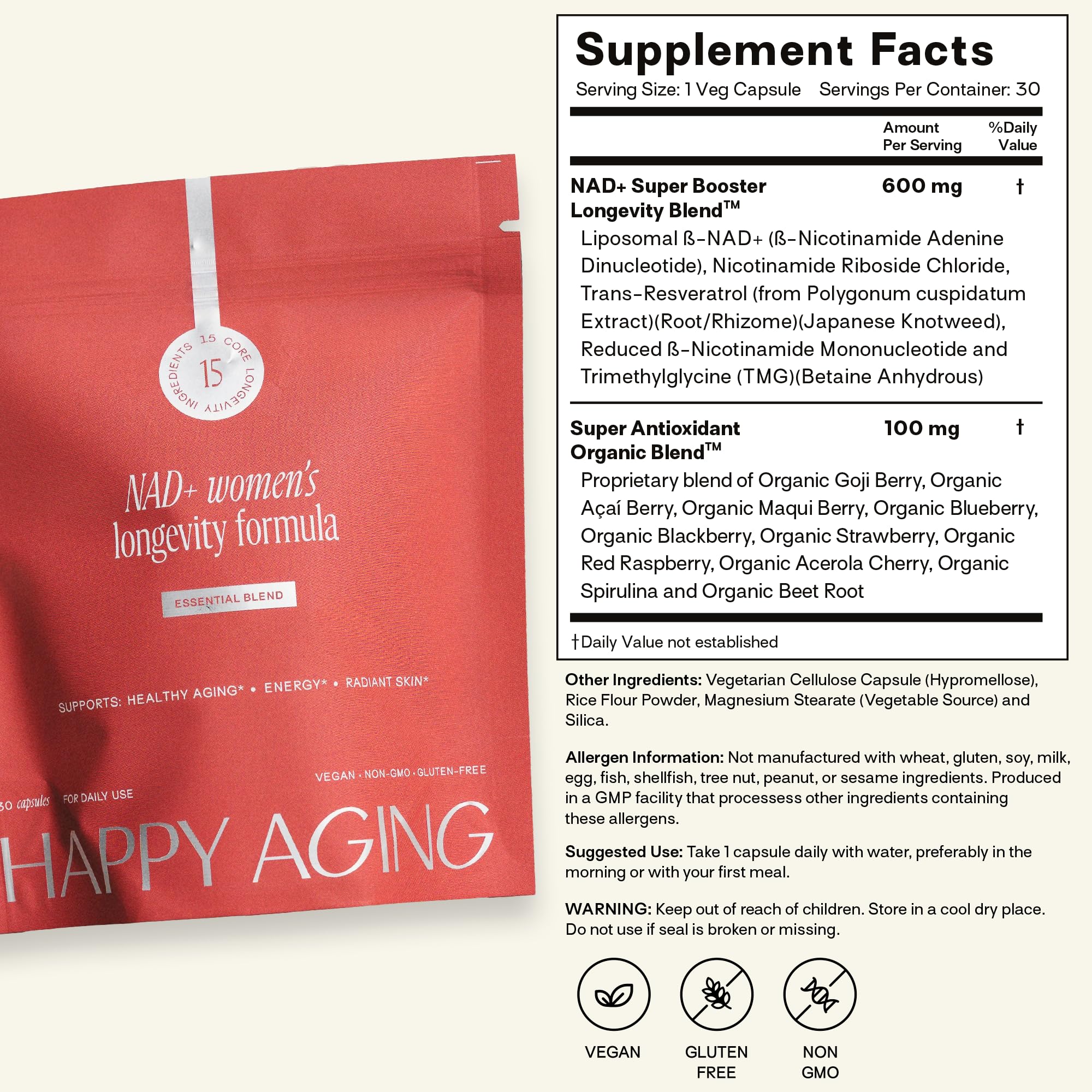 Happy Aging Essential Longevity Formula, NAD+ Super Booster with NR, NMNH & Liposomal β-NAD+, Organic Antioxidant Superfruit Blend for Cellular Energy, Skin Hydration & Daily Vitality, 30 Capsules Happy Aging buy supplements canada