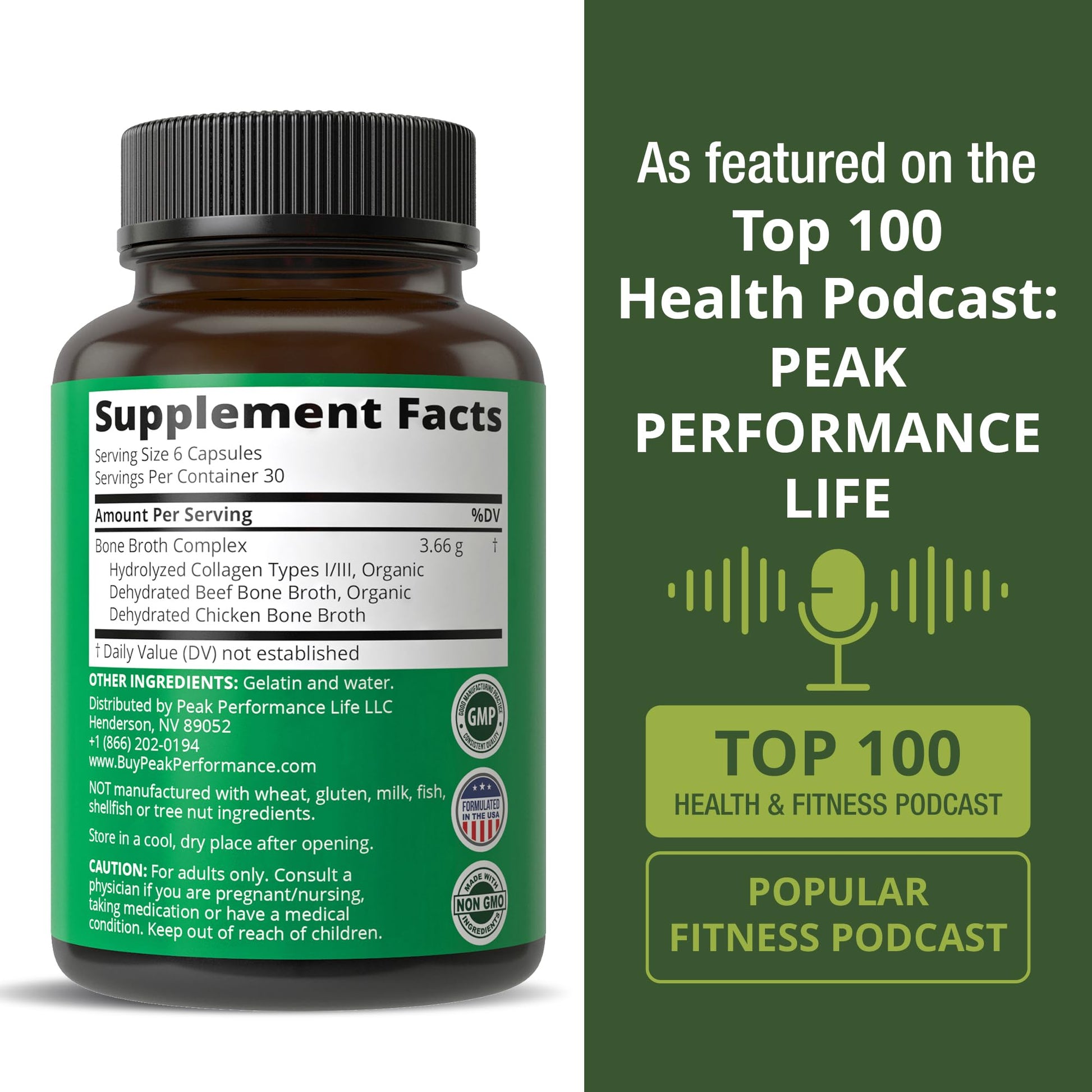 Peak Performance Bone Broth Collagen Capsules - 180 Pills of Grass Fed Bone Broth Collagen Protein Peptides - Contains All 3 Types 1, 2, and 3 - Pure Pasture Peak Performance buy supplements canada
