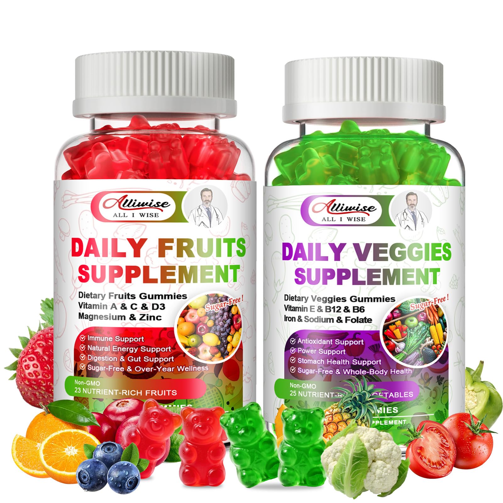 Sugar-Free Fruits & Veggies Gummies, Super Greens with 23 Fruits & 25 Veggies, Multivitamin Minerals & Fiber, Vegan Fruit & Vegetable Supplement for Adults, 120 Gummies, 2 Month Supply Alliwise buy supplements canada