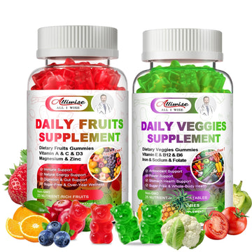 Sugar-Free Fruits & Veggies Gummies, Super Greens with 23 Fruits & 25 Veggies, Multivitamin Minerals & Fiber, Vegan Fruit & Vegetable Supplement for Adults, 120 Gummies, 2 Month Supply Alliwise buy supplements canada