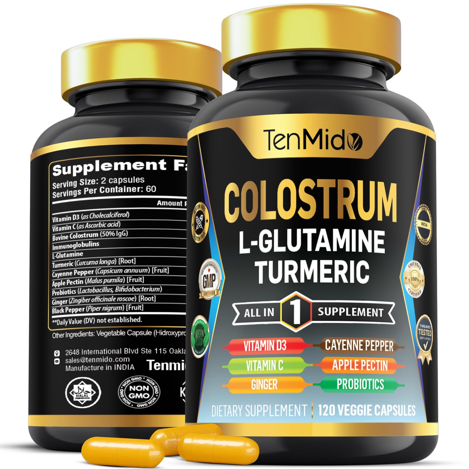 Tenmido Colostrum Supplement - 10in1 Formula - Combine with L- Glutamine, Turmeric, Cayenne Pepper, Apple Pectin, Probiotics, Ginger, and More - Digestive Health, Immune Support - 120 Capsules Tenmido buy supplements canada