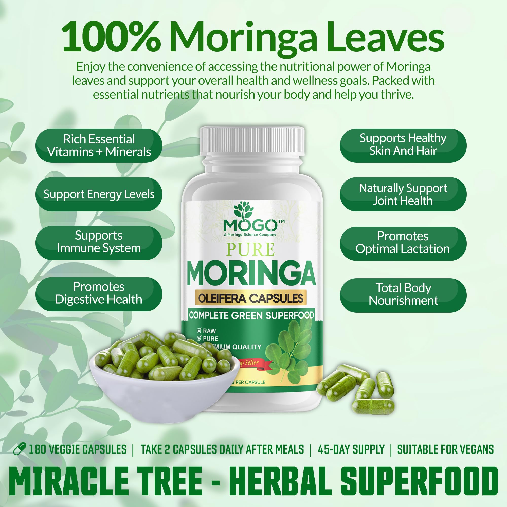 MOGO Moringa Capsules -180 Ct| Boost Energy, Immune, Gut, Joint Support | Made with Pure Organic Moringa Powder Organic Capsules | Made in USA MOGO buy supplements canada