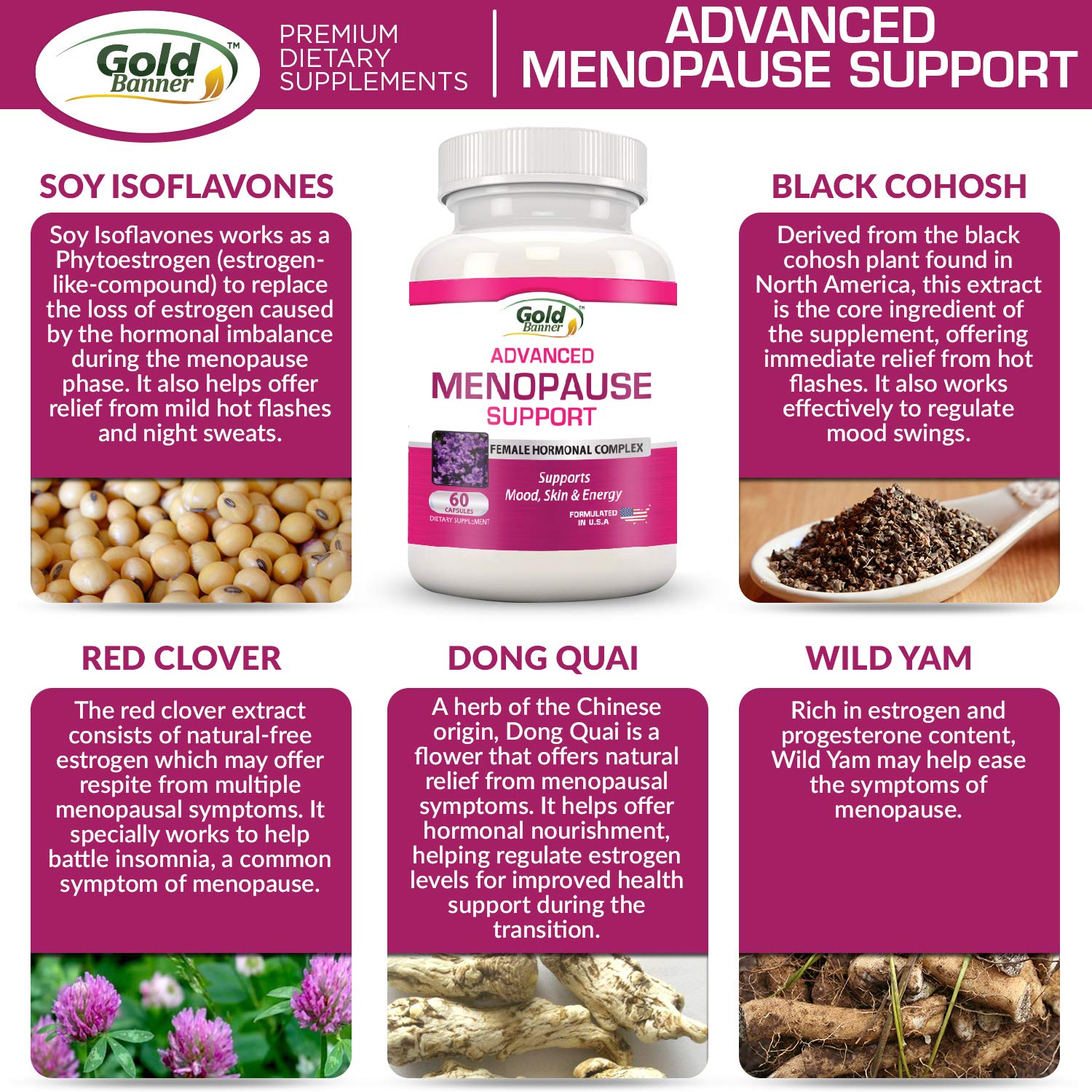 Advanced Menopause Support - Natural Female Hormonal Complex for Hot Flashes, Mood Swings & Vaginal Dryness - Black Cohosh, Soy Isoflavones & Herbal Extract Formula - Does Not Include Hormones Gold Banner buy supplements canada