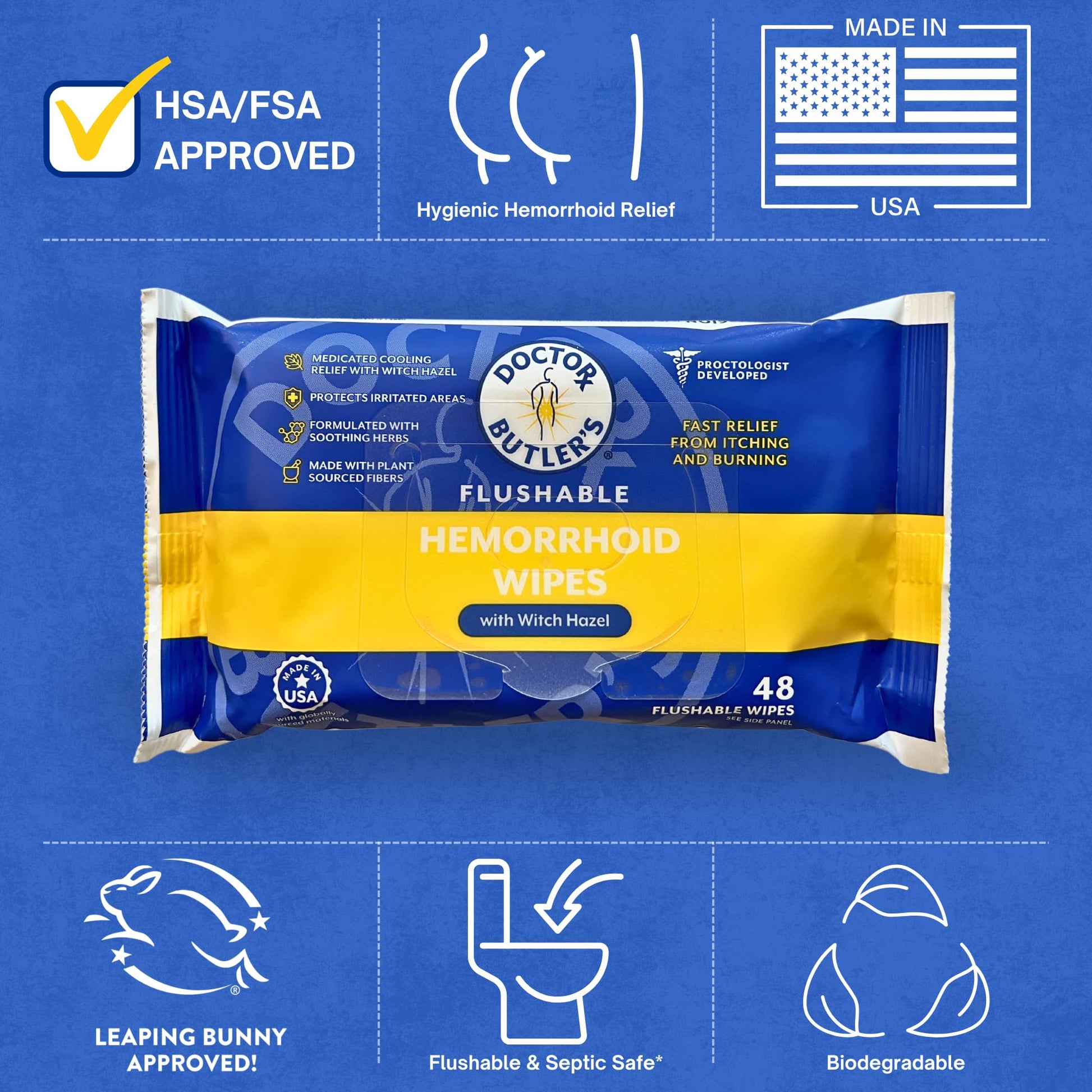 Doctor Butler's Flushable Hemorrhoid Wipes – Flushable Wipes with Witch Hazel to Soothe and Bring Relief from Discomfort Associated with Hemorrhoids (48 Wipes) Doctor Butler's buy supplements canada