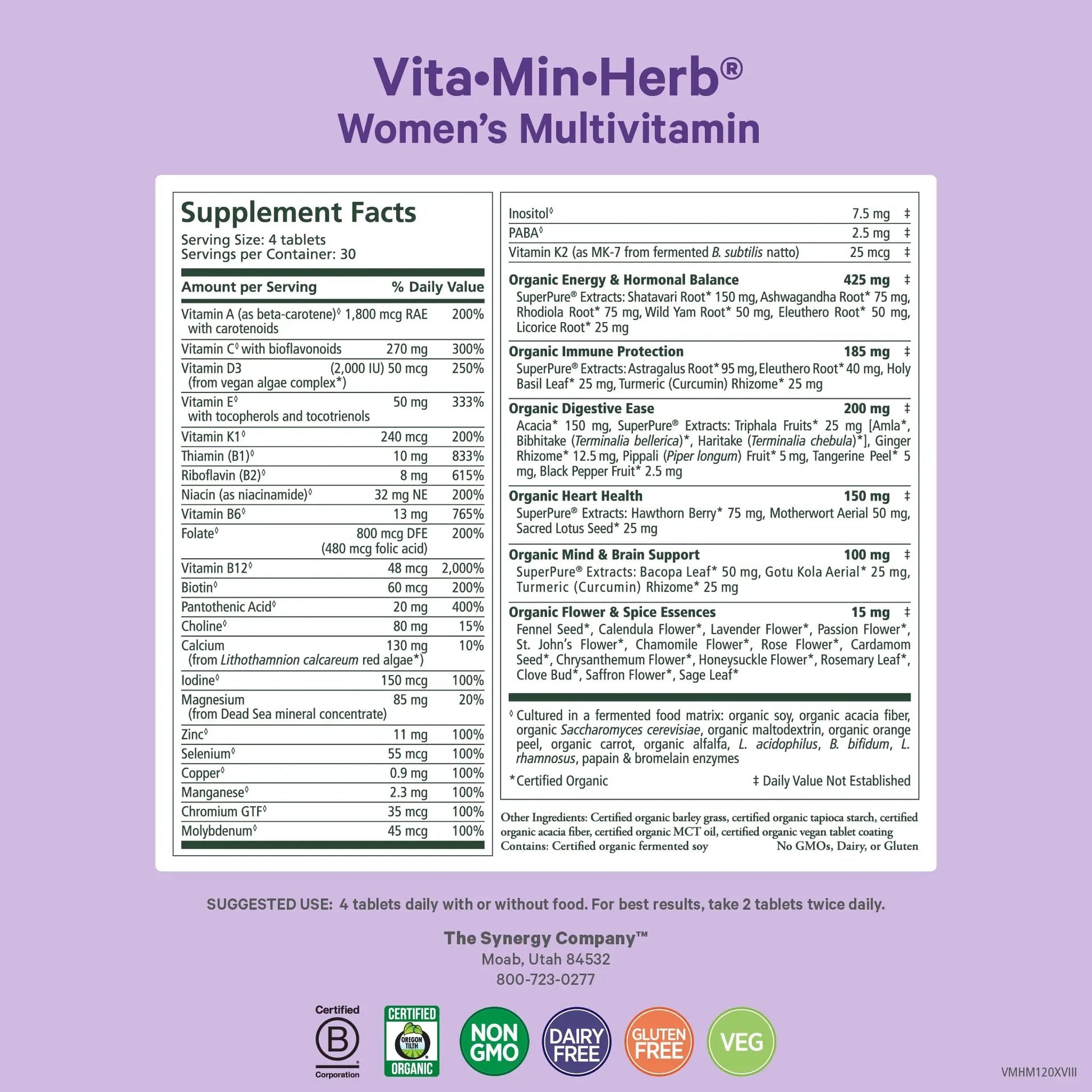 PURE SYNERGY Vita·Min·Herb for Women | Women’s Comprehensive Multivitamin Supplement | Made with Organic Whole Food Non-GMO & Vegan Ingredients | PURE SYNERGY buy supplements canada