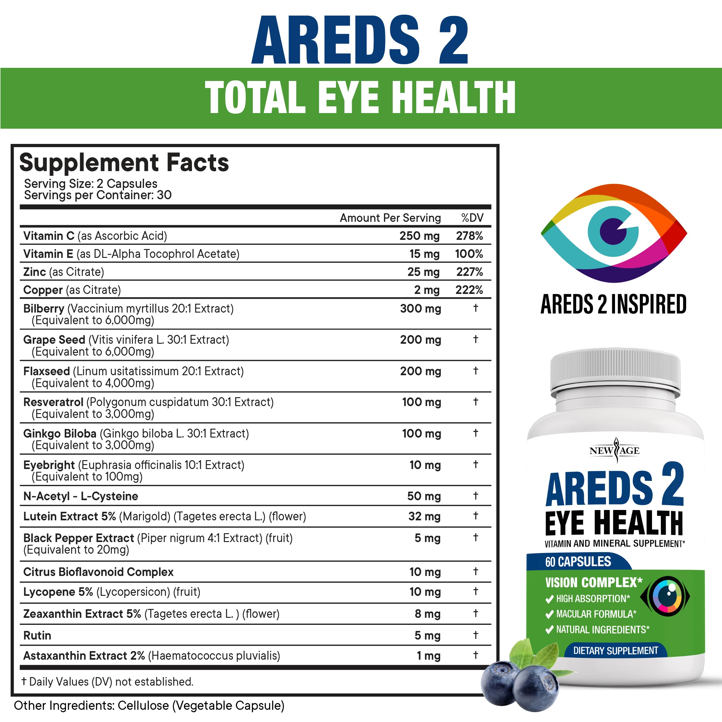 NEW AGE AREDS 2 Eye Vitamins - Lutein, Zeaxanthin, Bilberry, Astaxanthin Mineral Vision Supplement - 180 Count NEW AGE buy supplements canada