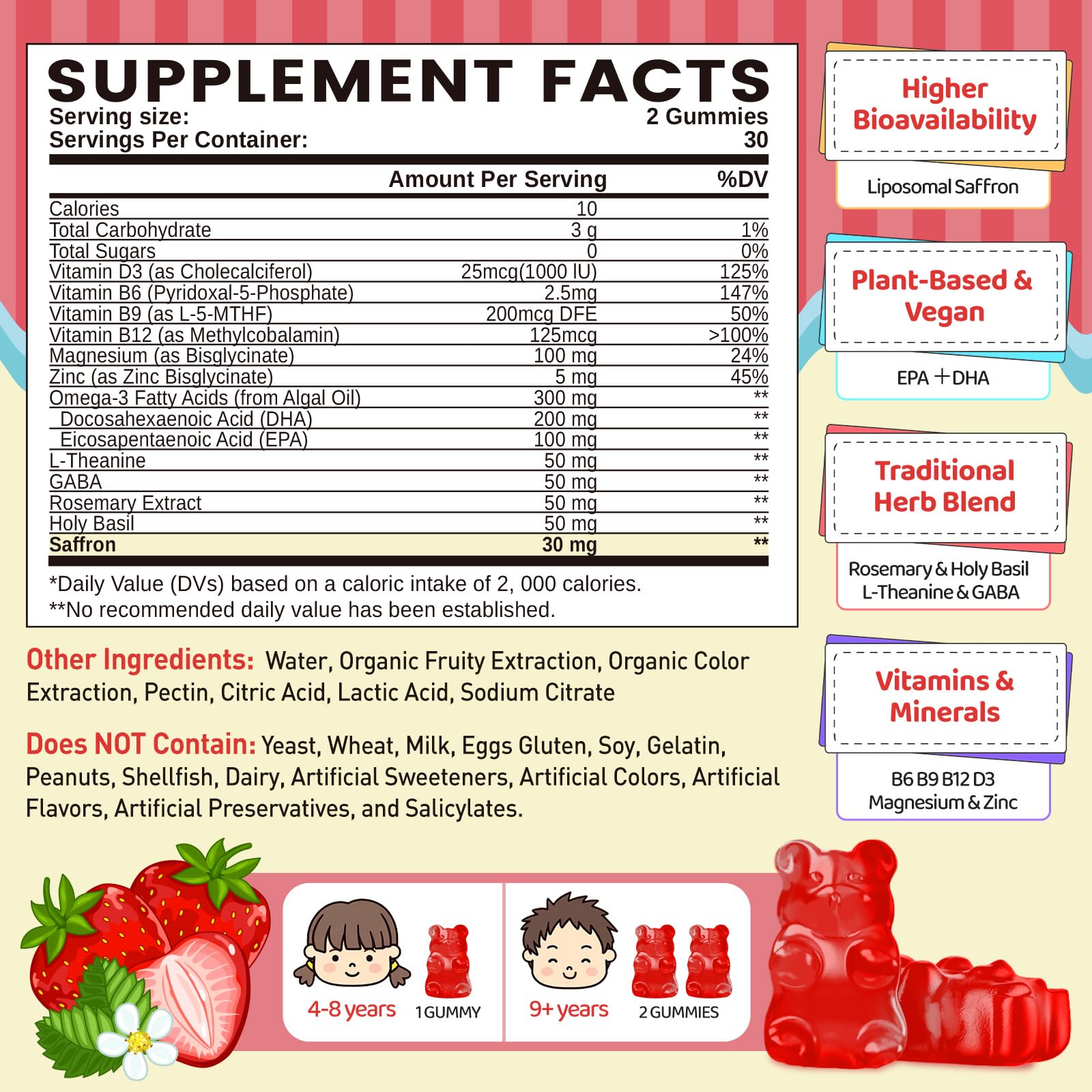 Liposomal Saffron Gummies for Kids 4+, Saffron Supplements w/Holy Basil, Rosemary, Magnesium Glycinate, Omega-3 & More, Brain Focus Support Supplement, Vegan, Organic, Sugar Free, 60 Chewables duwhot buy supplements canada