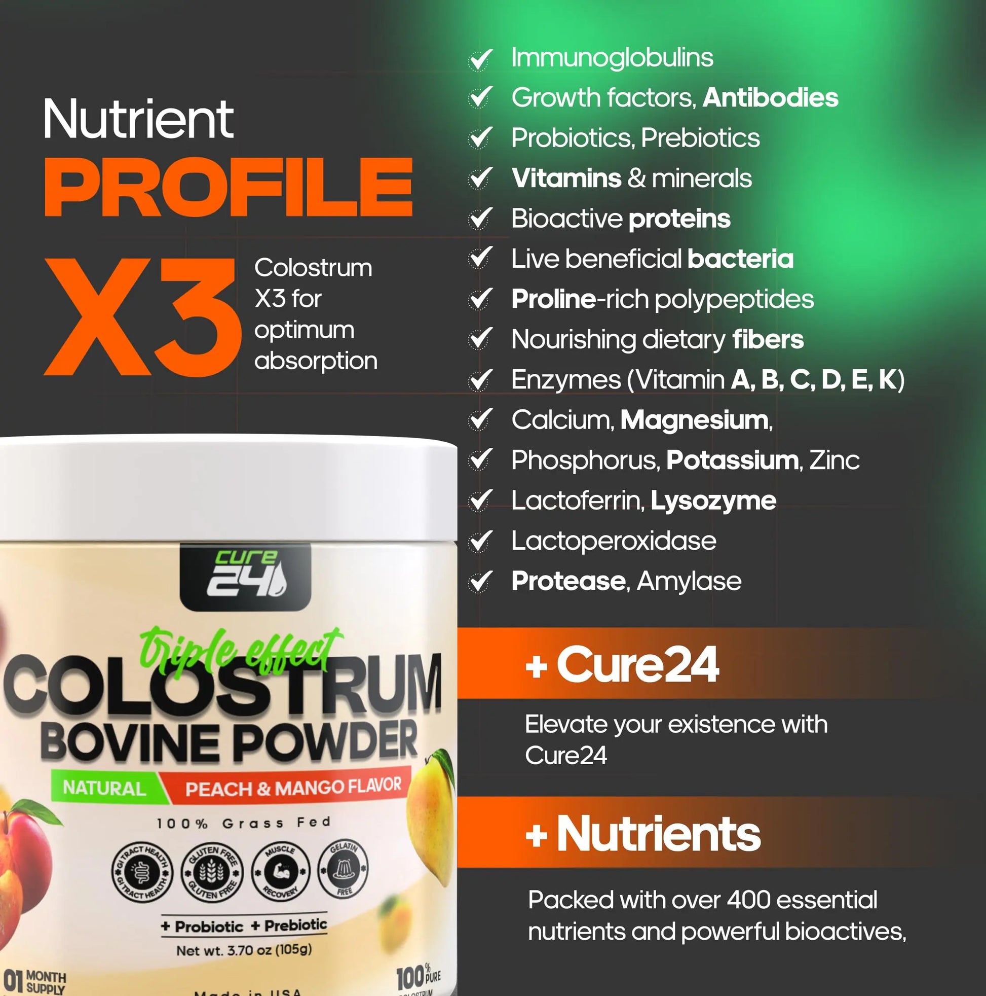 Cure24 Bovine X3 Colostrum Supplement Powder for Humans, 100% Pure Whole Natural Grass Fed Superfood, High IgG, Plus Probiotic & Prebiotic, Natural Peach-Mango Flavor, Made in USA Cure24 buy supplements canada