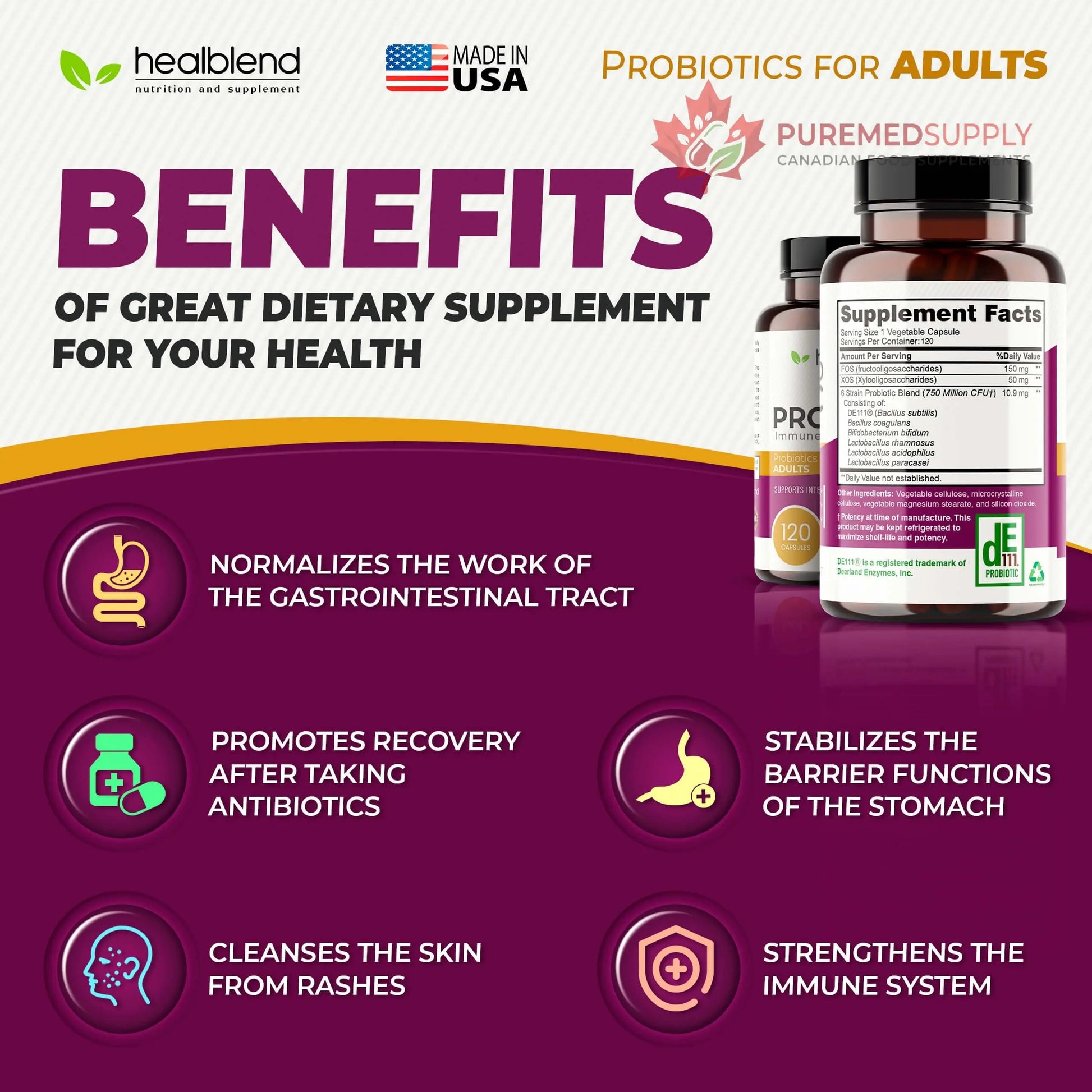 healblend Probiotic Caps Dietary Supplement Capsules, Probiotic for Women and for Men Digestive Health, Immune System Support, Non-GMO, Gluten-Free, 120 Veg Caps healblend buy supplements canada