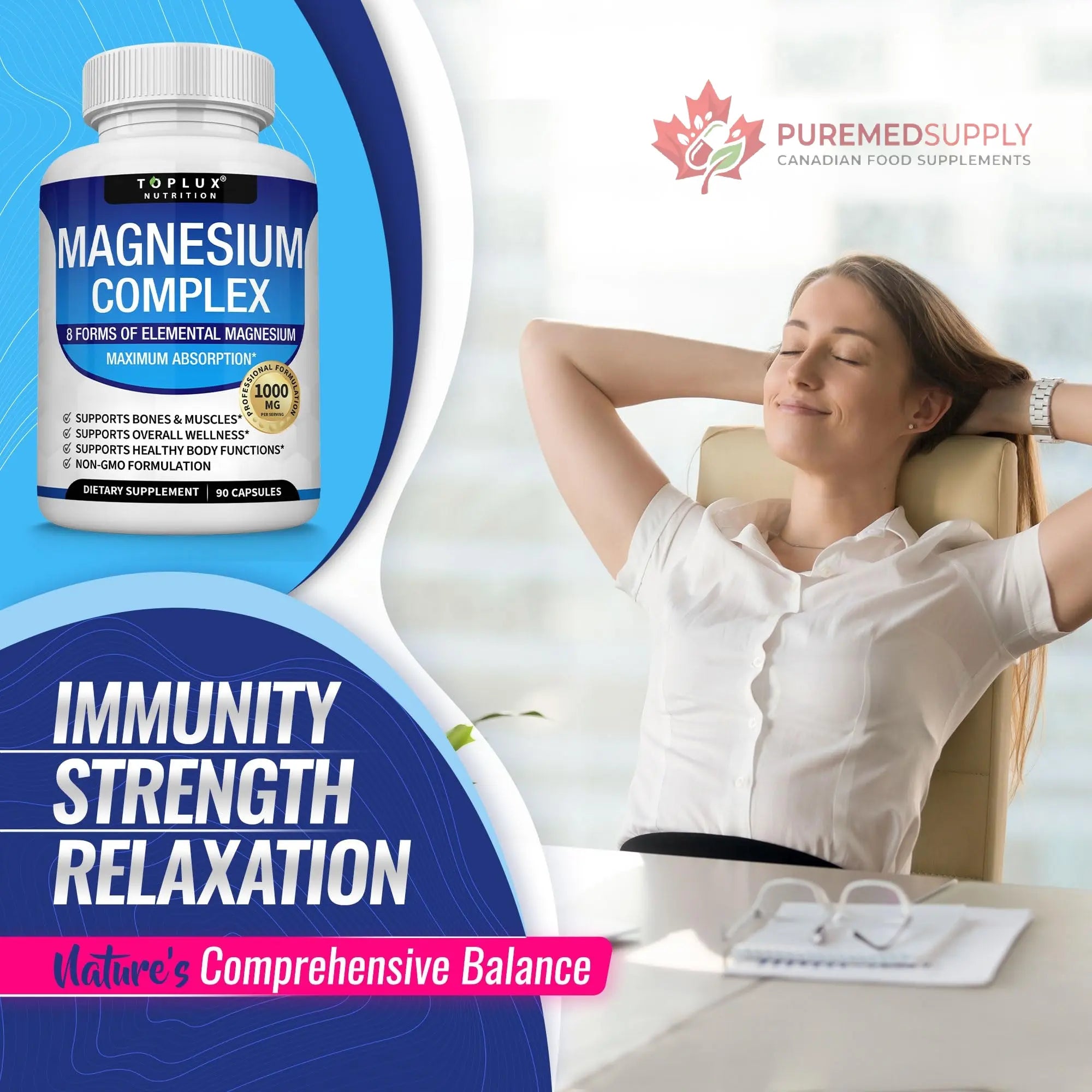 Magnesium Complex Supplement 8 Elemental 1000mg - Magnesium Glycinate, Citrate, Malate, Taurate, Chelated for Easy Absorption for Bones, Muscle, Recovery, Energy, Vegan Non-GMO 90 Capsules Toplux buy supplements canada