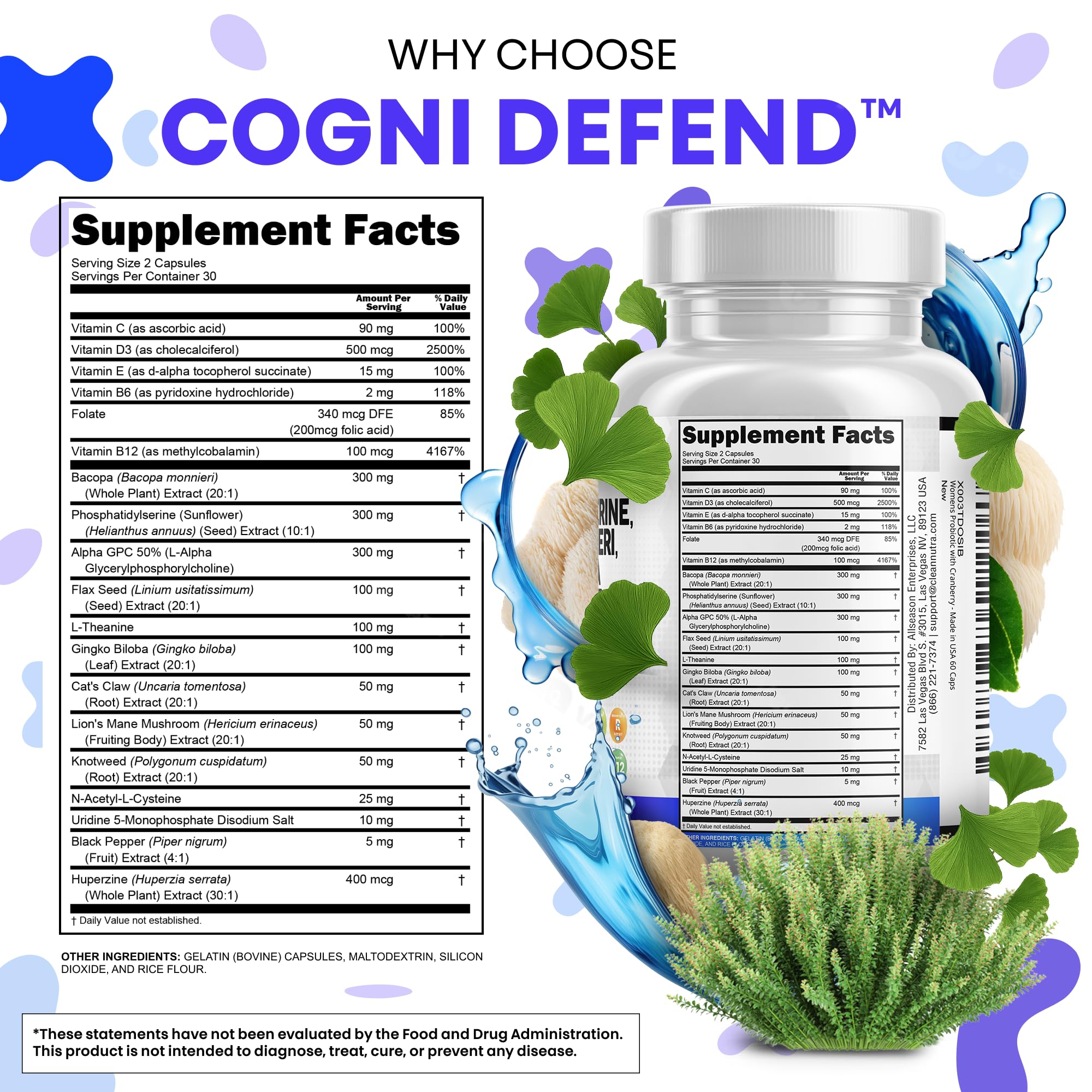 Brain Supplement Alpha GPC 300mg Phosphatidylserine Bacopa Monnieri Ginkgo Biloba Lions Mane Huperzine A L-Theanine NAC Nootropic Memory Focus Cognitive Support Vitamins B C D E 60 Capsules USA Clean Nutraceuticals buy supplements canada