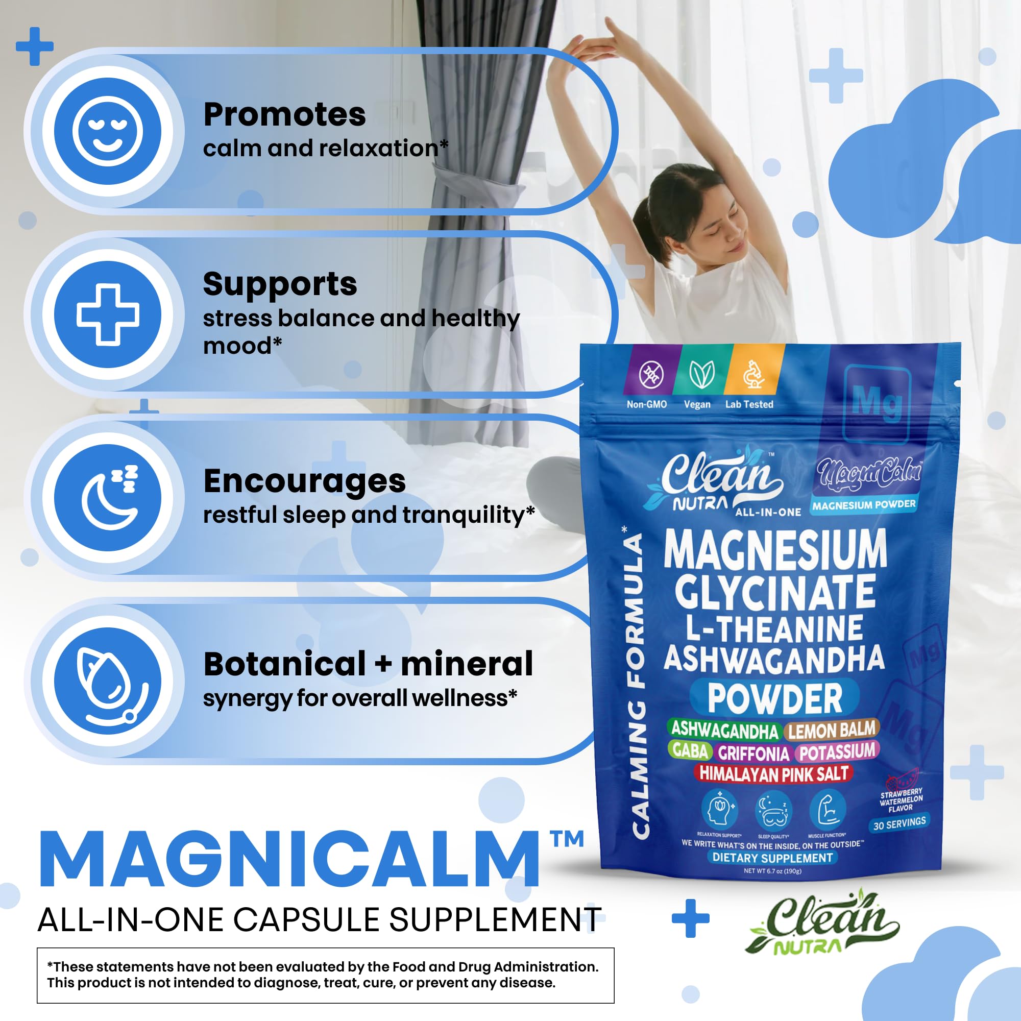 Magnesium Glycinate Powder Supplement + L Theanine Ashwagandha Glycine Apigenin Lemon Balm GABA 5HTP Pink Salt Potassium L Tryptophan Calcium | Powdered Sleep Aid Calm Trace Minerals Vitamin Clean Nutraceuticals buy supplements canada