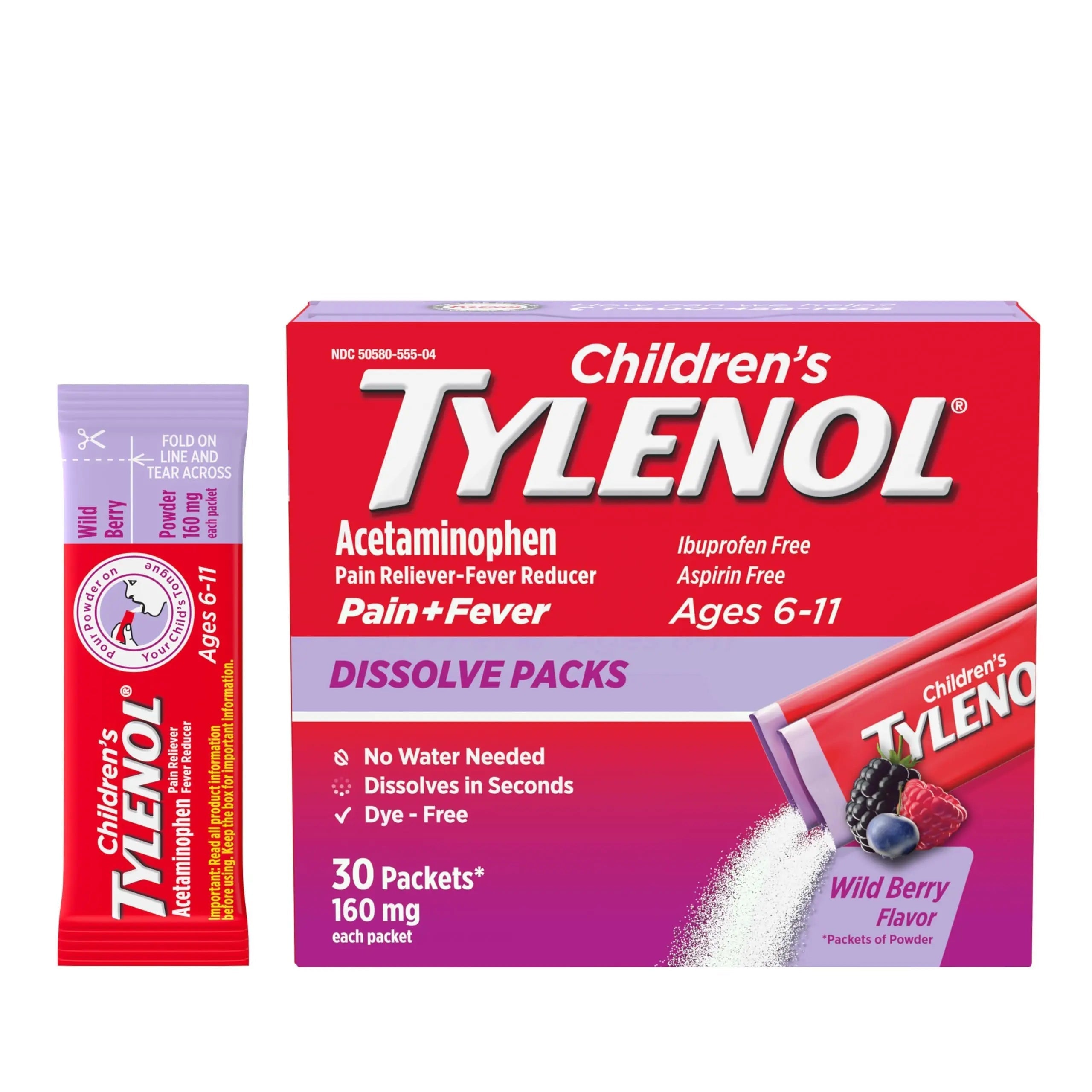 Children's Tylenol Dissolve Packs for Pain Relief, Fever Medication, 160 mg Acetaminophen, Dye Free, Kids' Powder Packets for Cold & Flu Symptom Relief; Wild Berry Flavor, 30 ct.; Pack of 1 Tylenol buy supplements canada