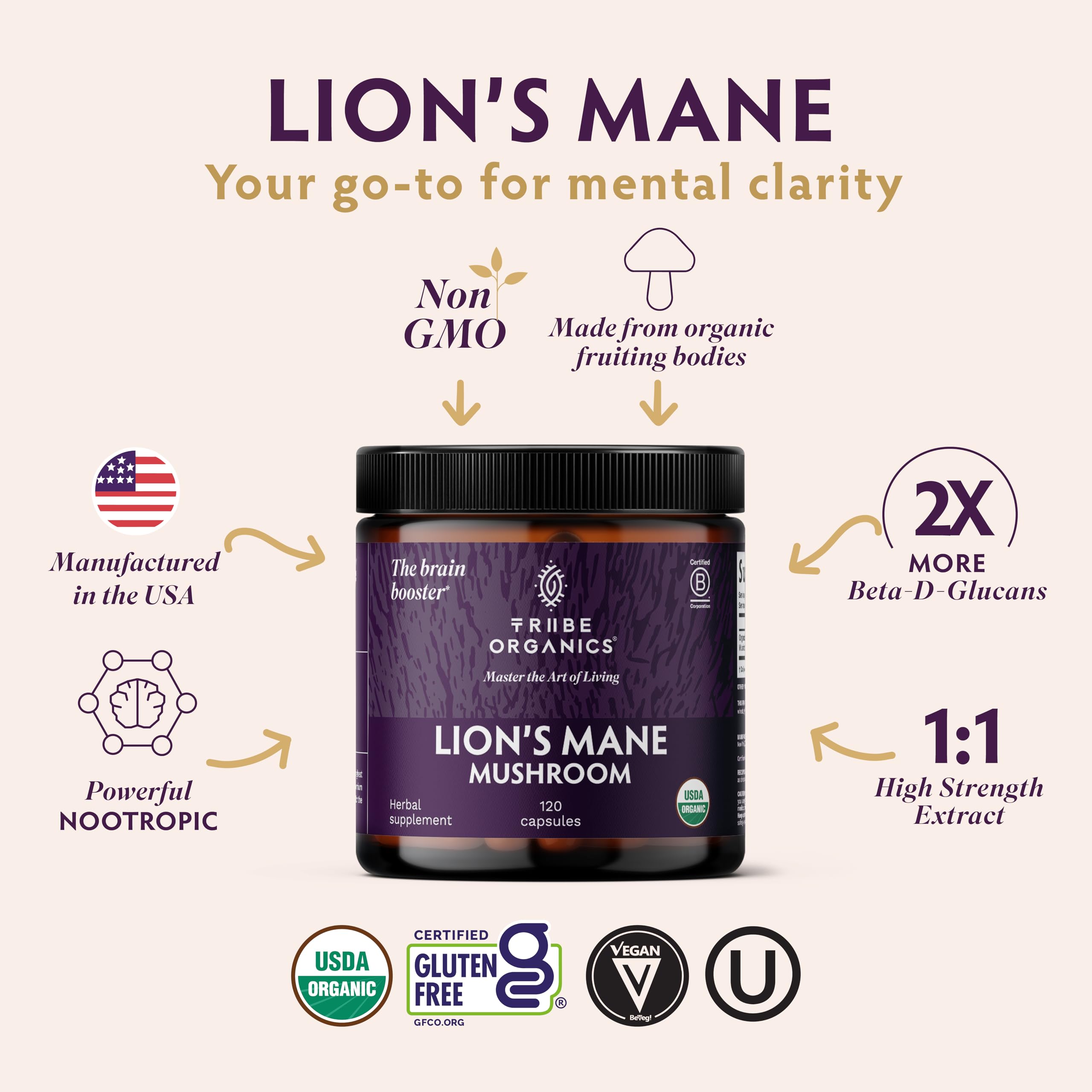 TRIBE ORGANICS Lion’s Mane Supplement 1000mg Mushroom Extract Powder - Immune System Booster & Brain Nootropic for Focus and Memory | Mental Clarity | Natural Energy and Immunity - 120 Vegan Capsules TRIBE ORGANICS buy supplements canada