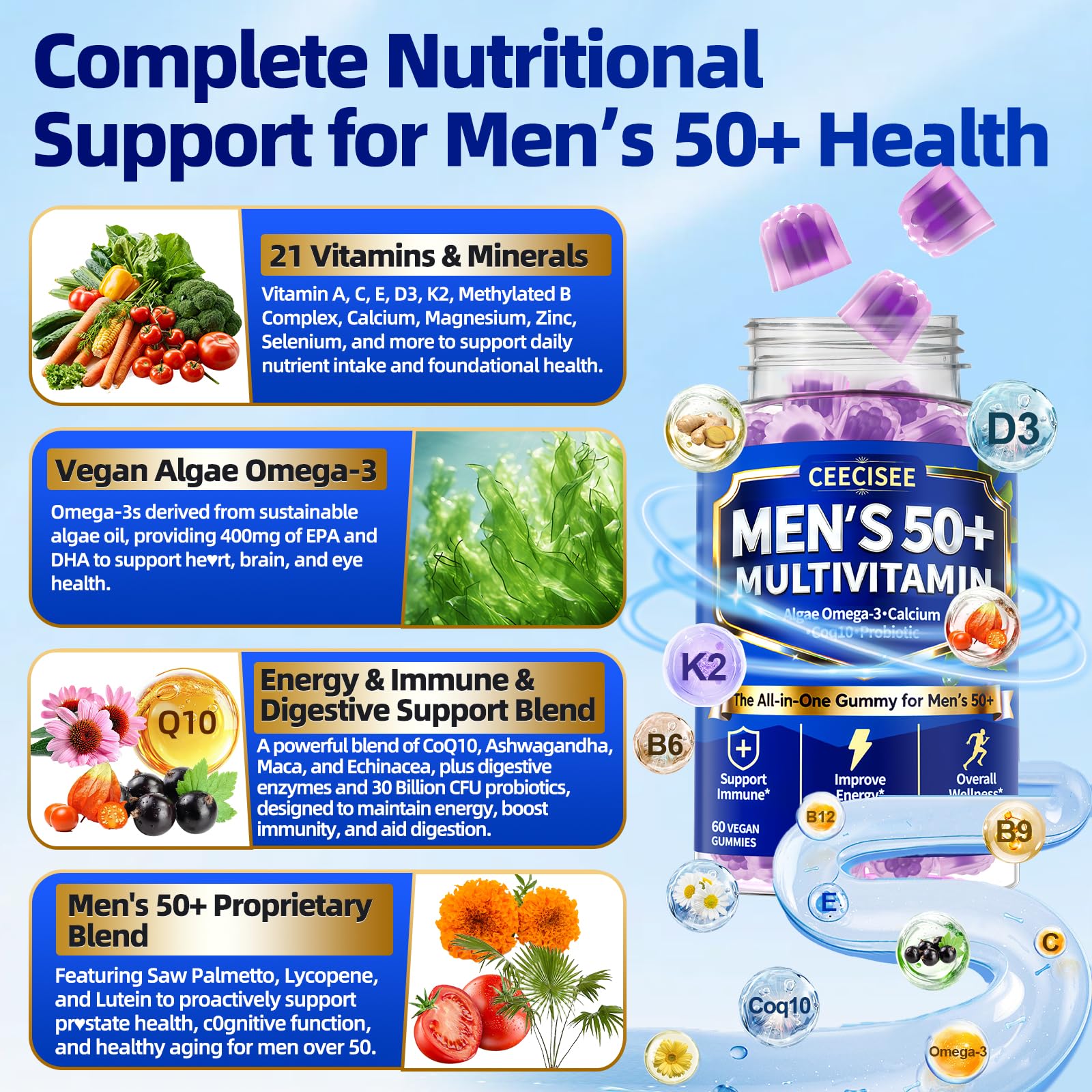 Ceecisee Methylated Multivitamin for Men Over 50: Daily Mens Multivitamins Gummies with Omega Probiotic Magnesium Zinc Vitamins D3 B12 - Energy Immune Support No Iron Vitamins Gummy for Men(60Count) Ceecisee buy supplements canada