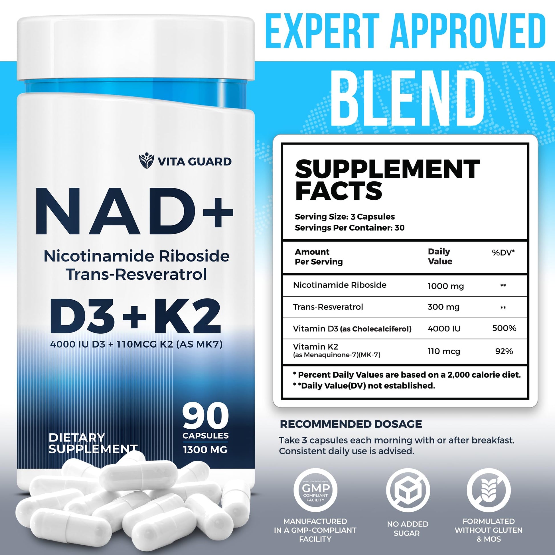 Anti-Aging Energy NAD Supplement – NMN Alternative with Nicotinamide Riboside 1000mg, Trans-Resveratrol 300mg, Vitamin D3 4000 IU and K2 110 mcg MK7 – Vegetarian 60 Capsules, 1300mg Vita Guard buy supplements canada