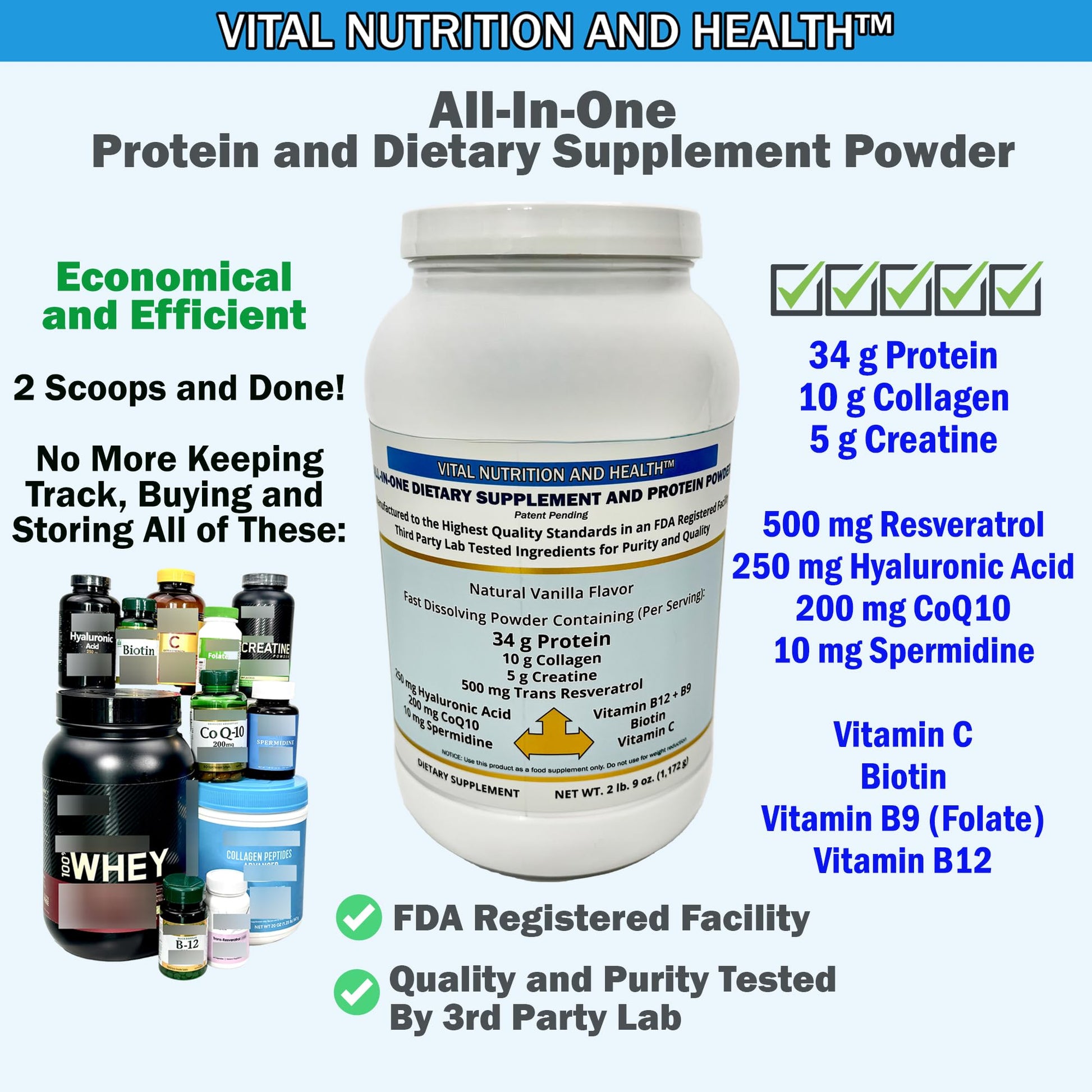 Vital Nutrition and Health All-in-One Powder: Protein, Collagen, Creatine, Resveratrol, Spermidine, Hyaluronic Acid, CoQ10 + Key Vitamins Vital Nutrition and Health buy supplements canada