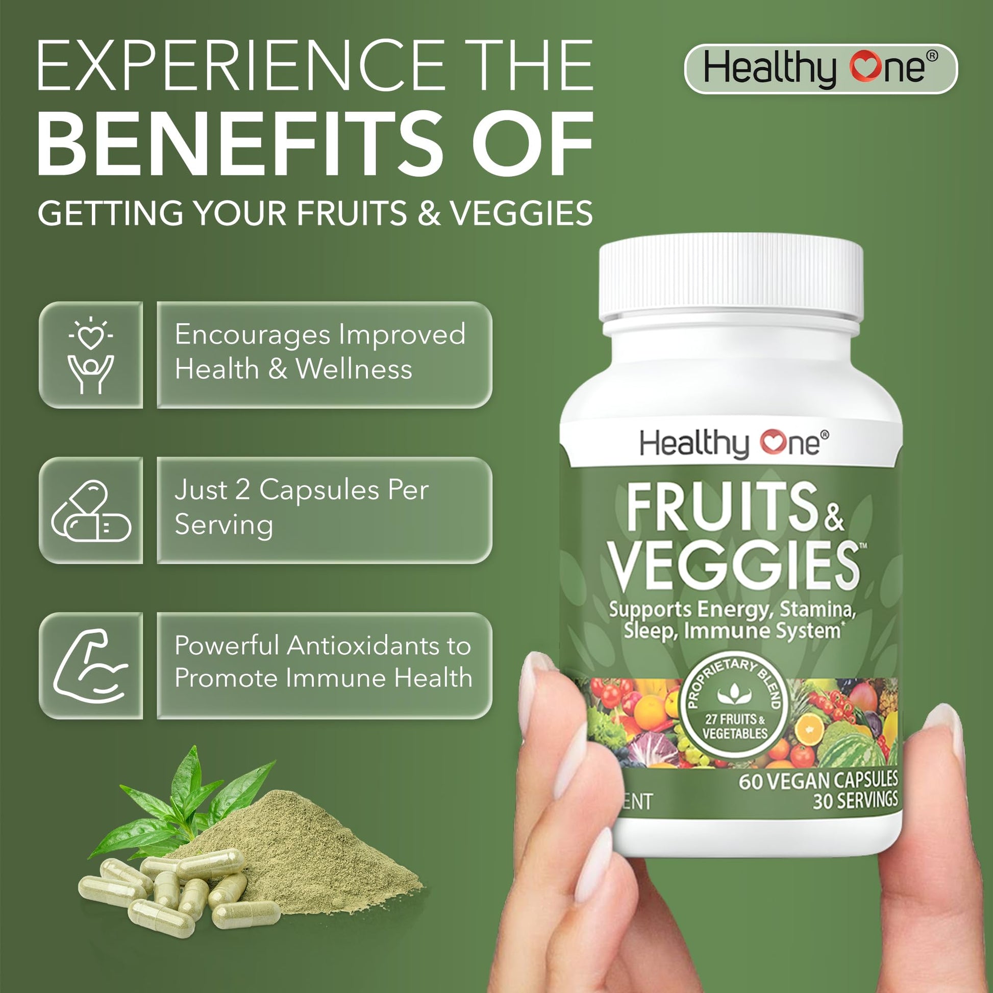 Fruits & Veggies Formula - 27 Premium Whole Foods - Organic Ingredients - Equals 3 Servings of Fruits & Vegetables - Improve Energy, Focus & Immune Function - Fiber - Antioxidants - 120ct (60 Serv) Healthy One buy supplements canada
