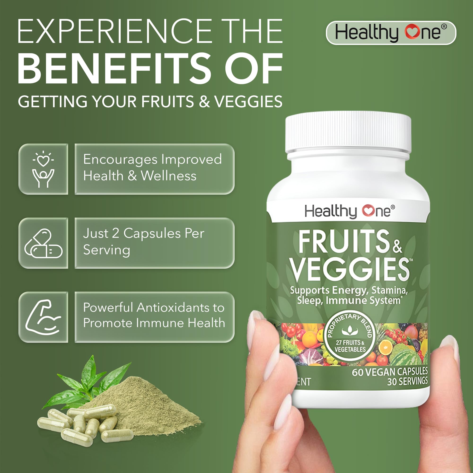 Fruits & Veggies Formula - 27 Premium Whole Foods - Organic Ingredients - Equals 3 Servings of Fruits & Vegetables - Improve Energy, Focus & Immune Function - Fiber - Antioxidants - 120ct (60 Serv) Healthy One buy supplements canada