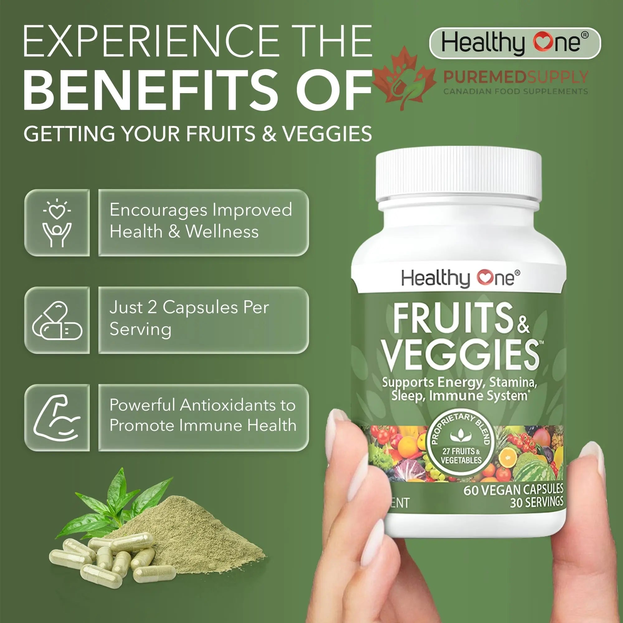 Fruits & Veggies Formula - 27 Premium Whole Foods - Organic Ingredients - Equals 3 Servings of Fruits & Vegetables - Improve Energy, Focus & Immune Function - Fiber - Antioxidants - 120ct (60 Serv) Healthy One buy supplements canada