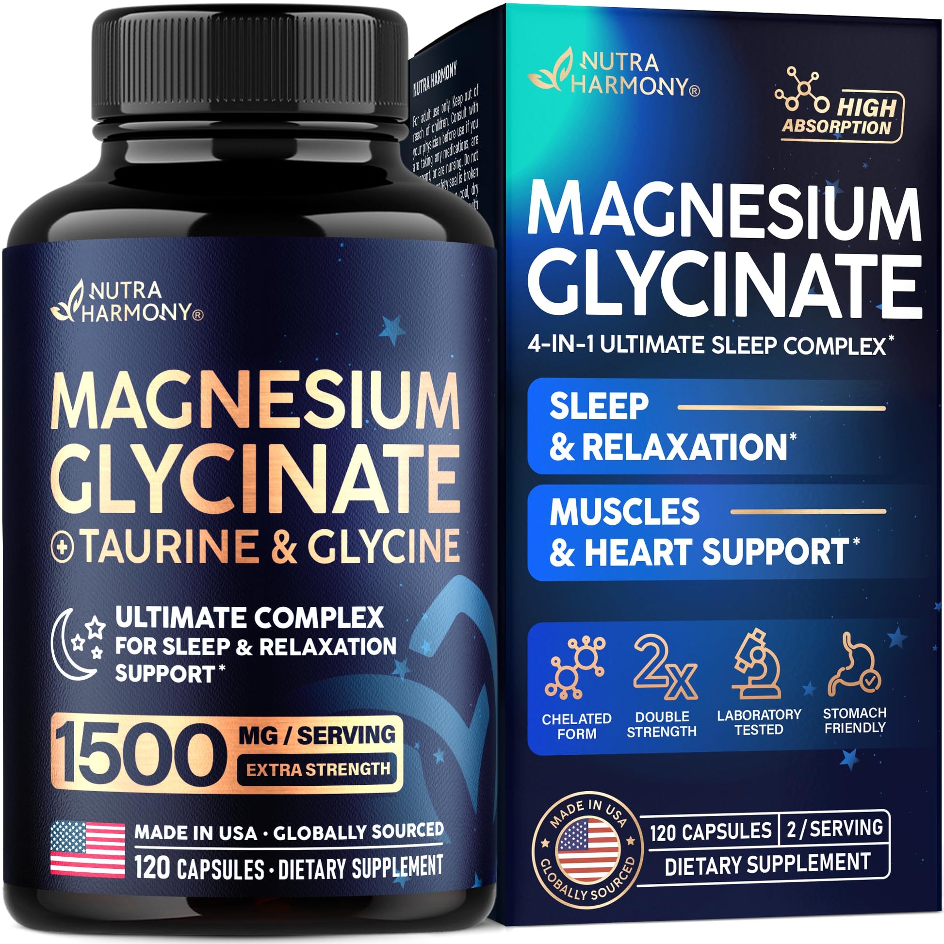 Magnesium Glycinate - Sleep & Relaxation Support - Extra Strength Glycinate, Glycine & Taurine 1500 mg - Magnesium Supplement for Women & Men - Chelated & High Absorption - Made in USA - 120 Capsules NUTRAHARMONY buy supplements canada