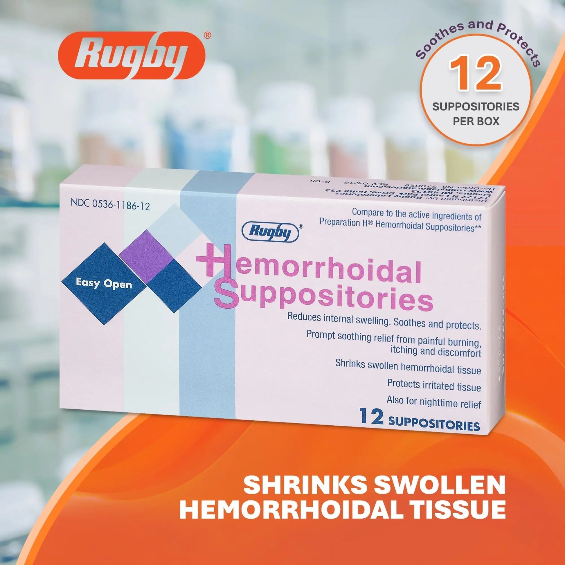 Rugby Hemorrhoidal Suppositories - Soothing and Shrinking Action for Internal Hemorrhoids with Cocoa Butter and Phenylephrine HCl, Easy Open Design - 12 Count RUGBY LABORATORIES buy supplements canada