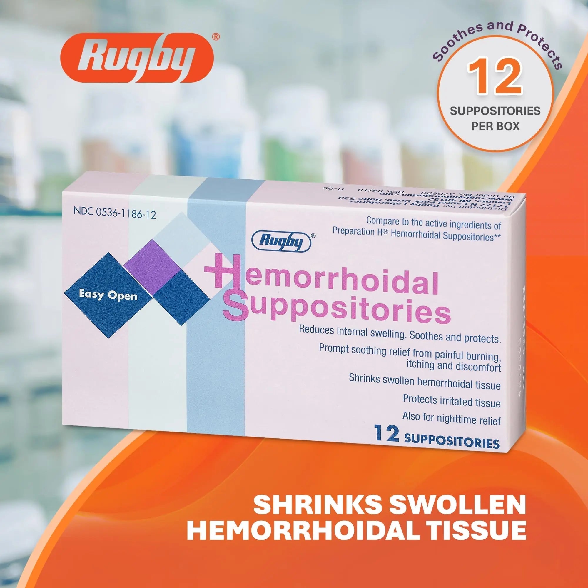 Rugby Hemorrhoidal Suppositories - Soothing and Shrinking Action for Internal Hemorrhoids with Cocoa Butter and Phenylephrine HCl, Easy Open Design - 12 Count RUGBY LABORATORIES buy supplements canada