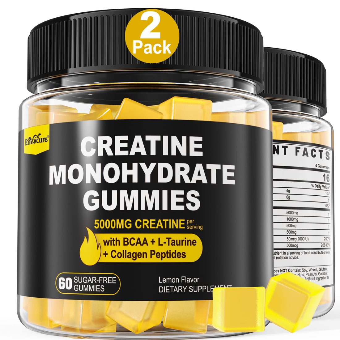 Creatine Monohydrate Gummies for Men & Women - with BCAA, Collagen Peptides, L-Taurine, Vitamin B12, D3, Chewables Creatine Monohydrate 5g Per Serving, Natural Lemon Flavor, Sugar Free, 2 Pack EnvyCure buy supplements canada
