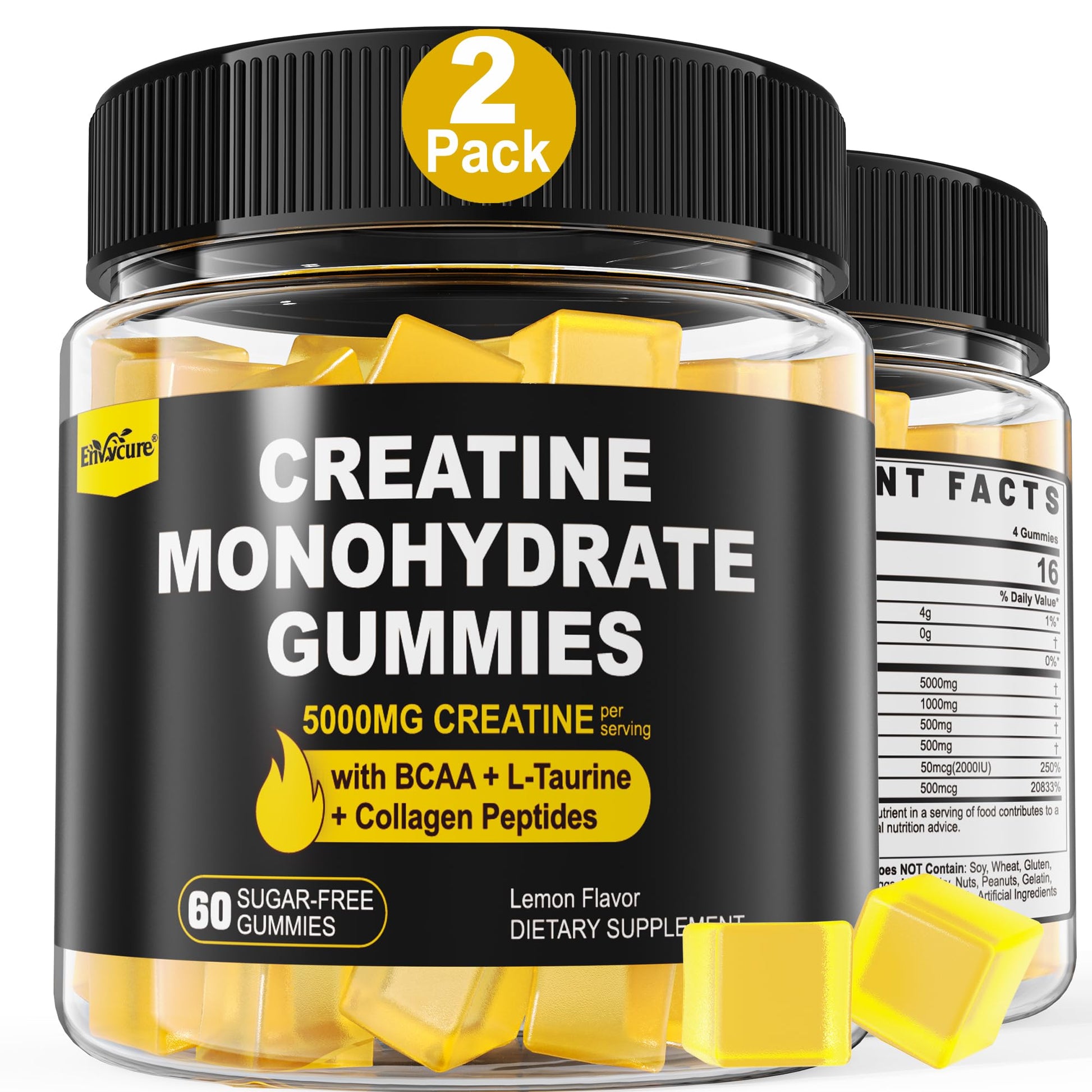 Creatine Monohydrate Gummies for Men & Women - with BCAA, Collagen Peptides, L-Taurine, Vitamin B12, D3, Chewables Creatine Monohydrate 5g Per Serving, Natural Lemon Flavor, Sugar Free, 2 Pack EnvyCure buy supplements canada