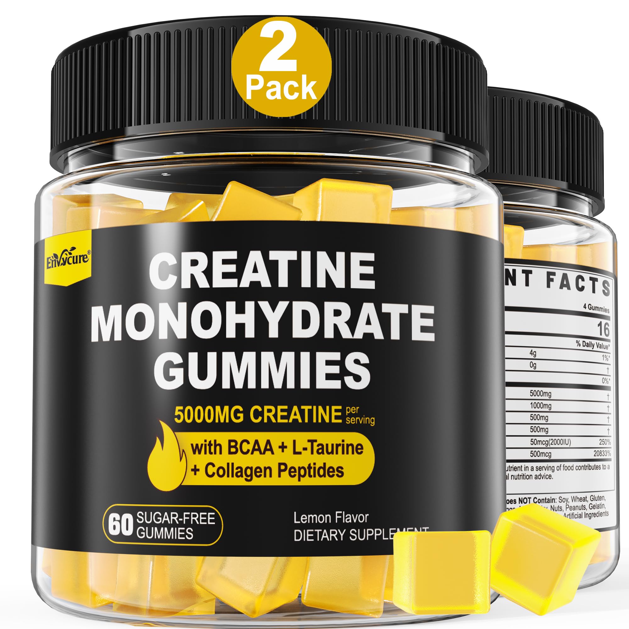 Creatine Monohydrate Gummies for Men & Women - with BCAA, Collagen Peptides, L-Taurine, Vitamin B12, D3, Chewables Creatine Monohydrate 5g Per Serving, Natural Lemon Flavor, Sugar Free, 2 Pack EnvyCure buy supplements canada