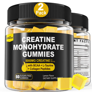 Creatine Monohydrate Gummies for Men & Women - with BCAA, Collagen Peptides, L-Taurine, Vitamin B12, D3, Chewables Creatine Monohydrate 5g Per Serving, Natural Lemon Flavor, Sugar Free, 2 Pack EnvyCure buy supplements canada