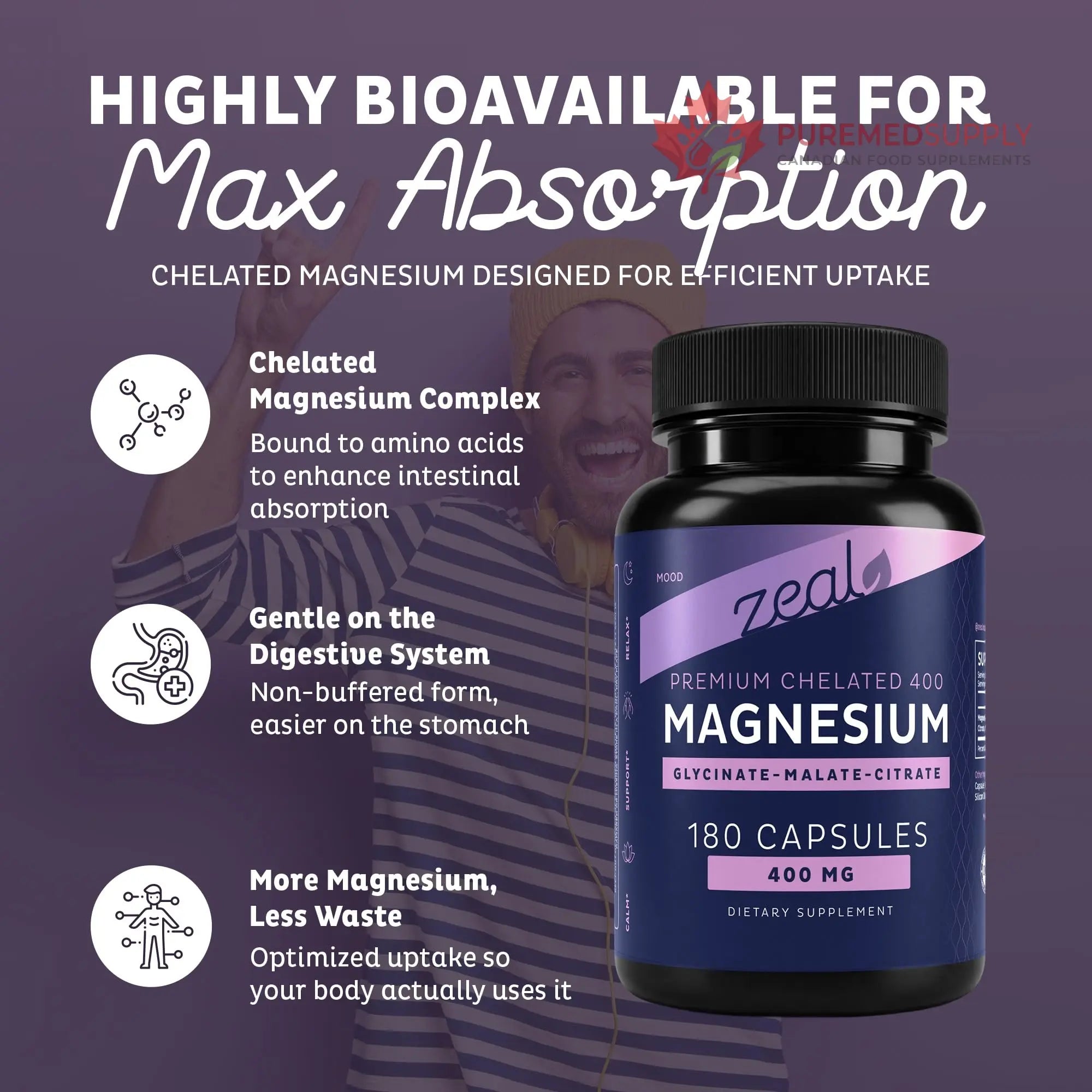 Zeal Naturals Triple Magnesium Complex Supplement - Glycinate, Malate, Citrate | 400mg, 180 Capsules | High Absorption Chelated Magnesium for Sleep, Mood, Muscle Recovery, Relaxation Zeal Naturals buy supplements canada
