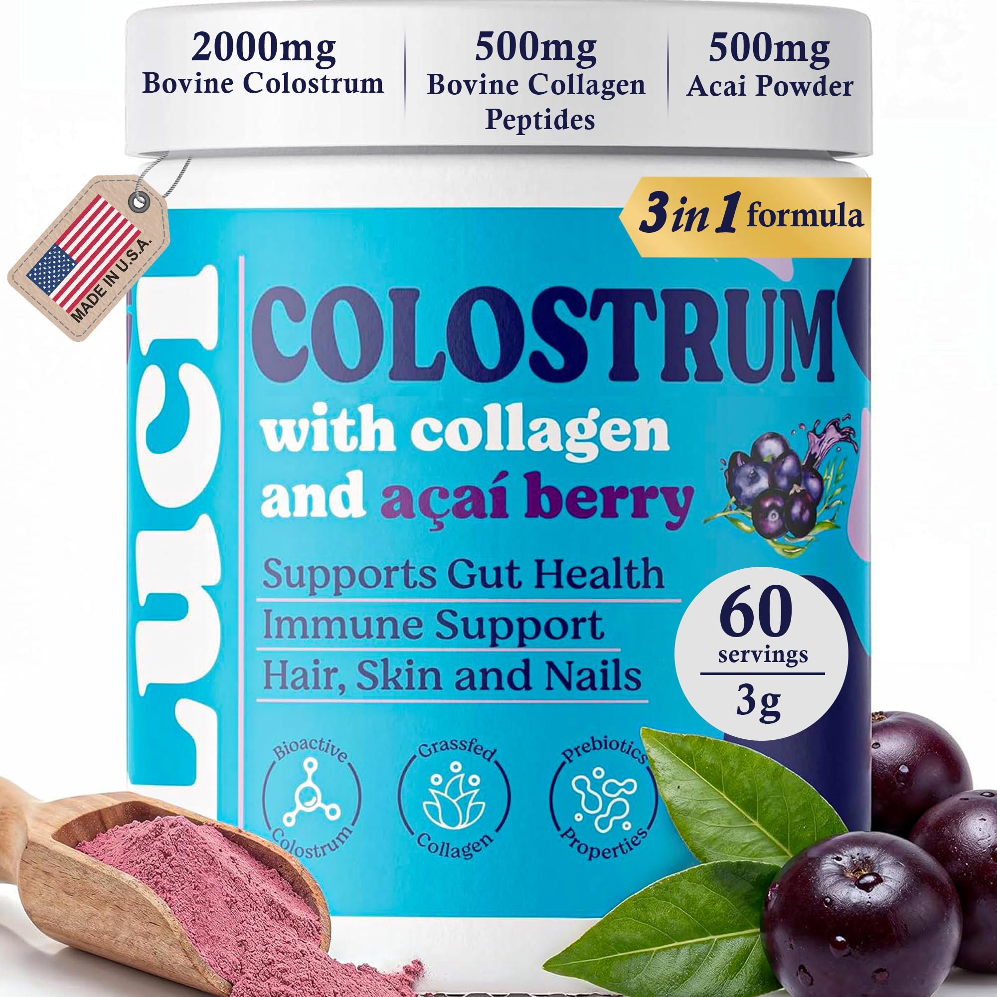 Luci Colostrum Powder 60 Servings, 3 in 1 with Collagen Peptides and Acai, Bovine Colostrum for Gut Health, Bloating, Collagen Protein for Muscle, Skin, Hair, Nails and Immunity, Gluten & Fat Free Luci Nutrition buy supplements canada
