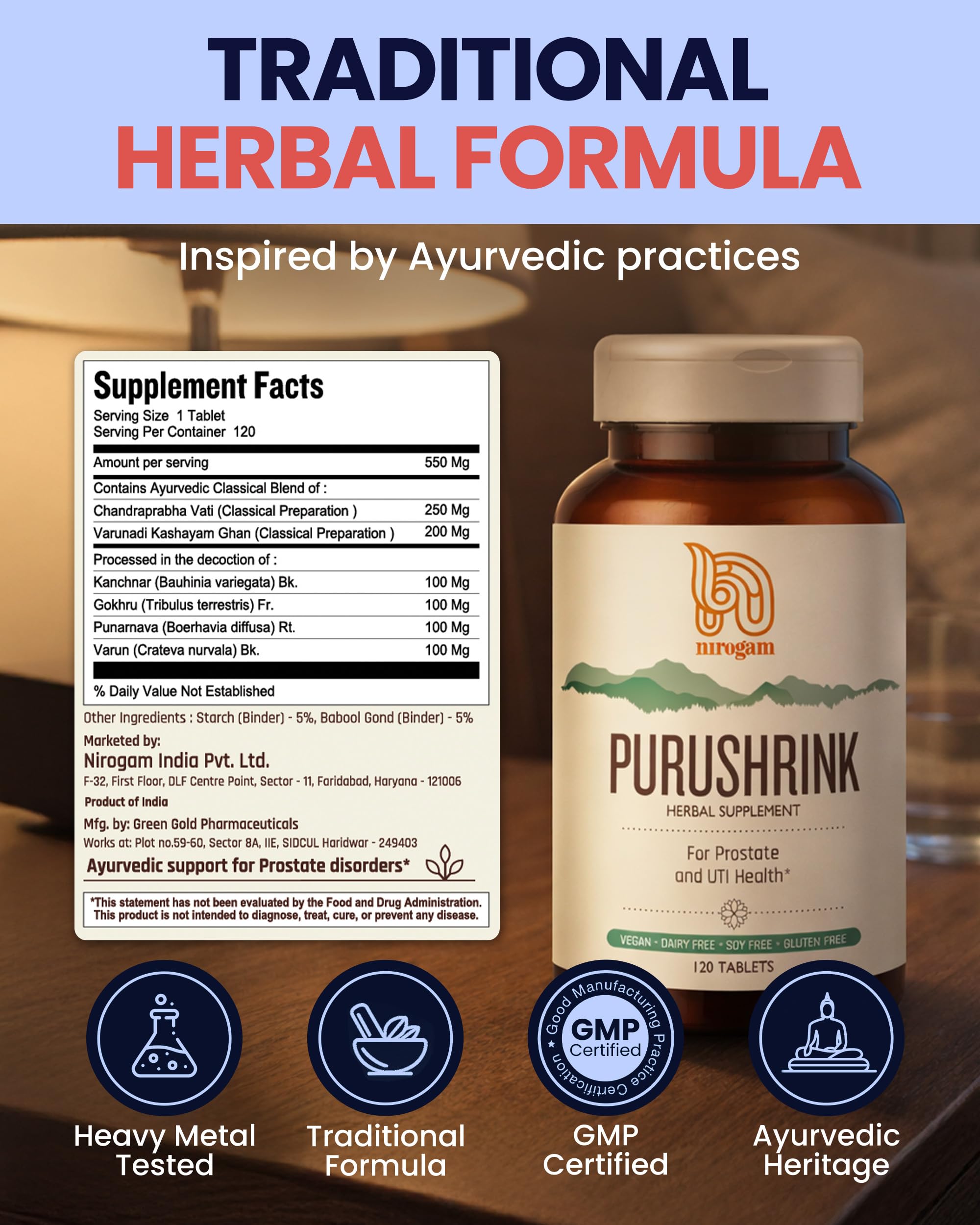 Nirogam Purushrink - BPH Prostate Supplement for Men, Supports Better Sleep & Urinary Health - Natural Ayurvedic Herbal Supplement 120 Tablets - Vegan, Dairy Free, Gluten Free Nirogam buy supplements canada