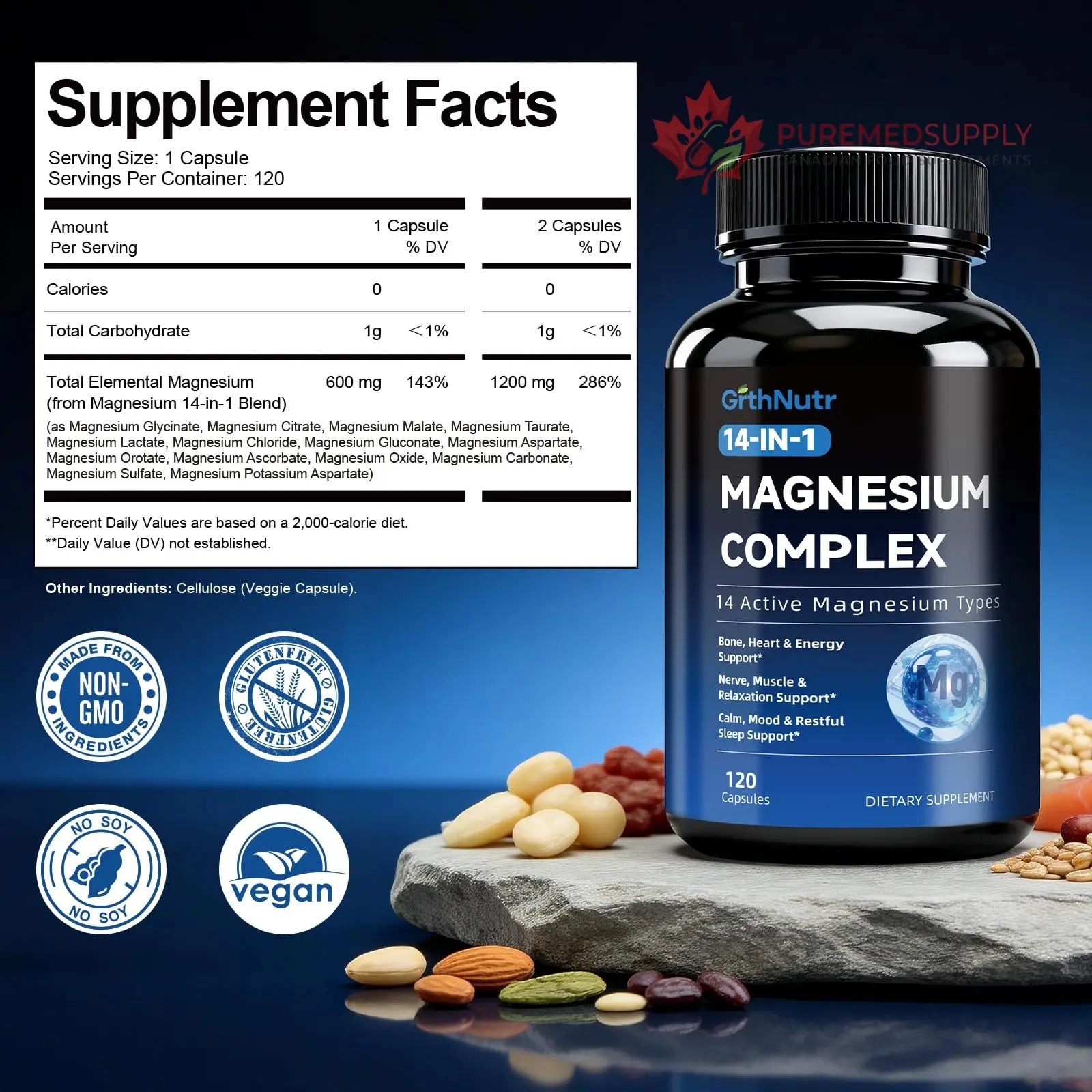 14-in-1 Magnesium Complex Supplement, 1200mg Elemental Magnesium Glycinate, Citrate, Malate, Taurate - Magnesium Complex for Women Nerves, Bone & Heart Health | Non-GMO GrthNutr buy supplements canada