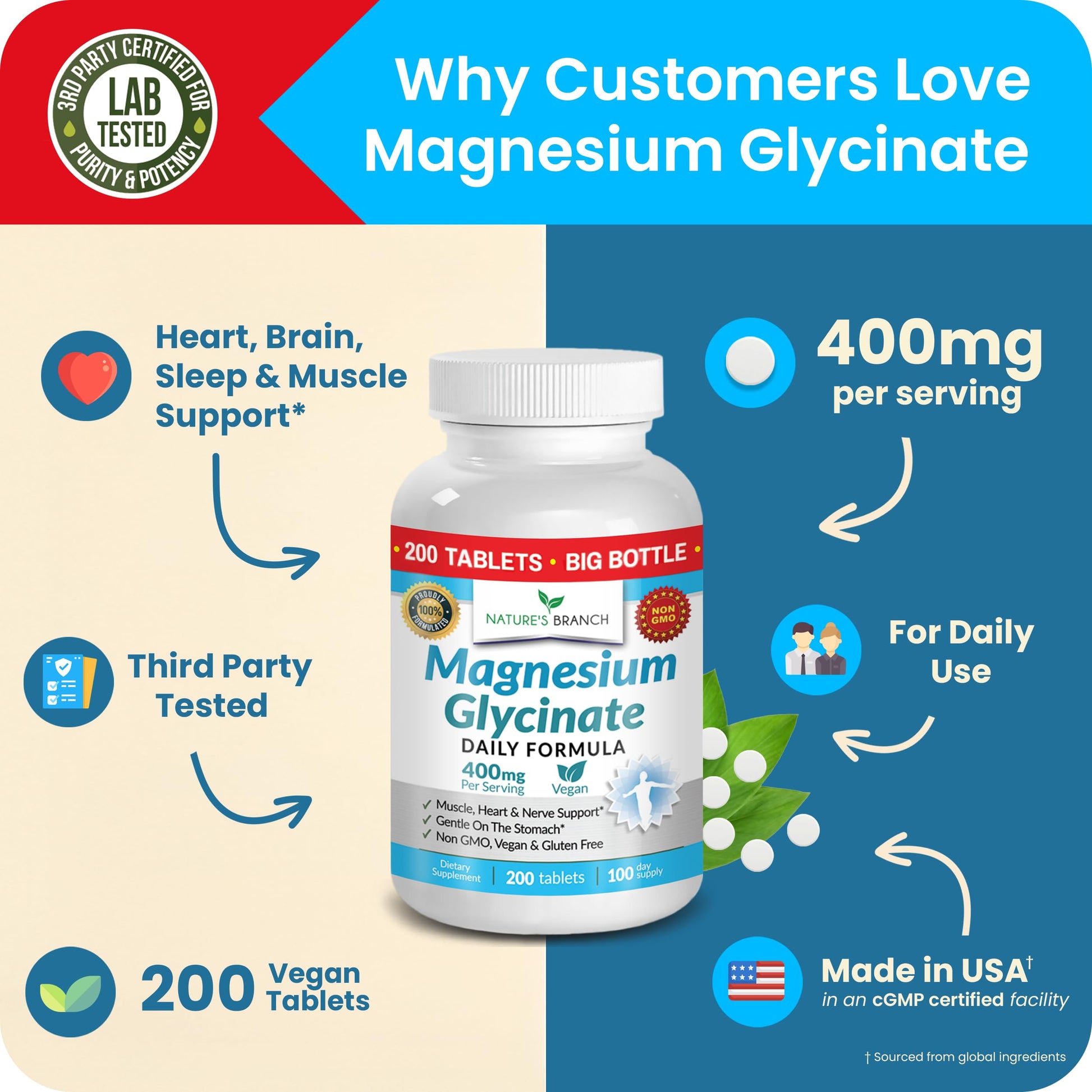 Magnesium Glycinate 400mg | 200 Tablets | High Absorption Mag Supplements for Sleep, Leg Cramps, Heart, Muscle, Calm | Non Buffered Bisglycinate, Extra Strength for Women and Men, Tablets Not Capsules NATURE'S BRANCH buy supplements canada